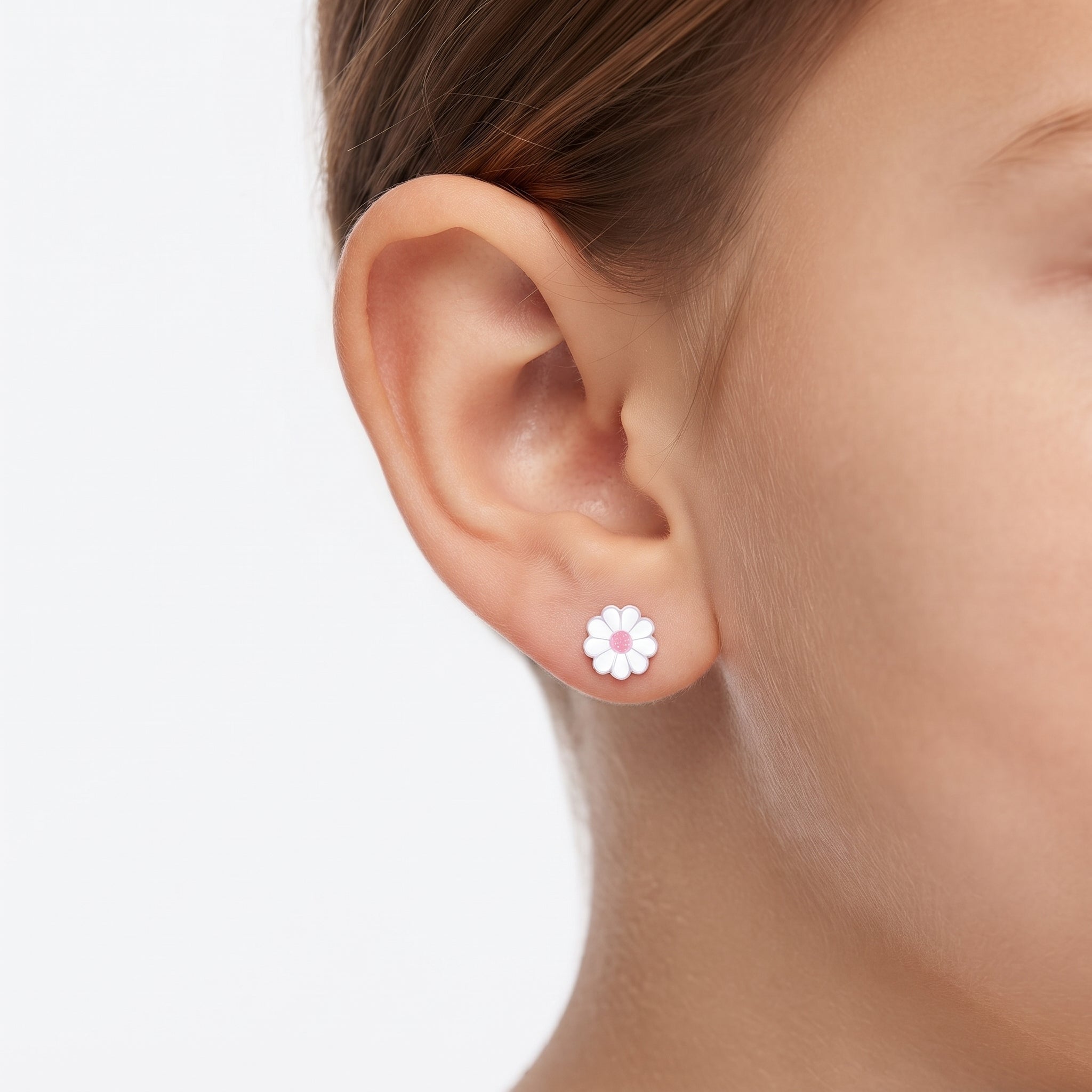 Pink centre daisy screw back earrings for kids