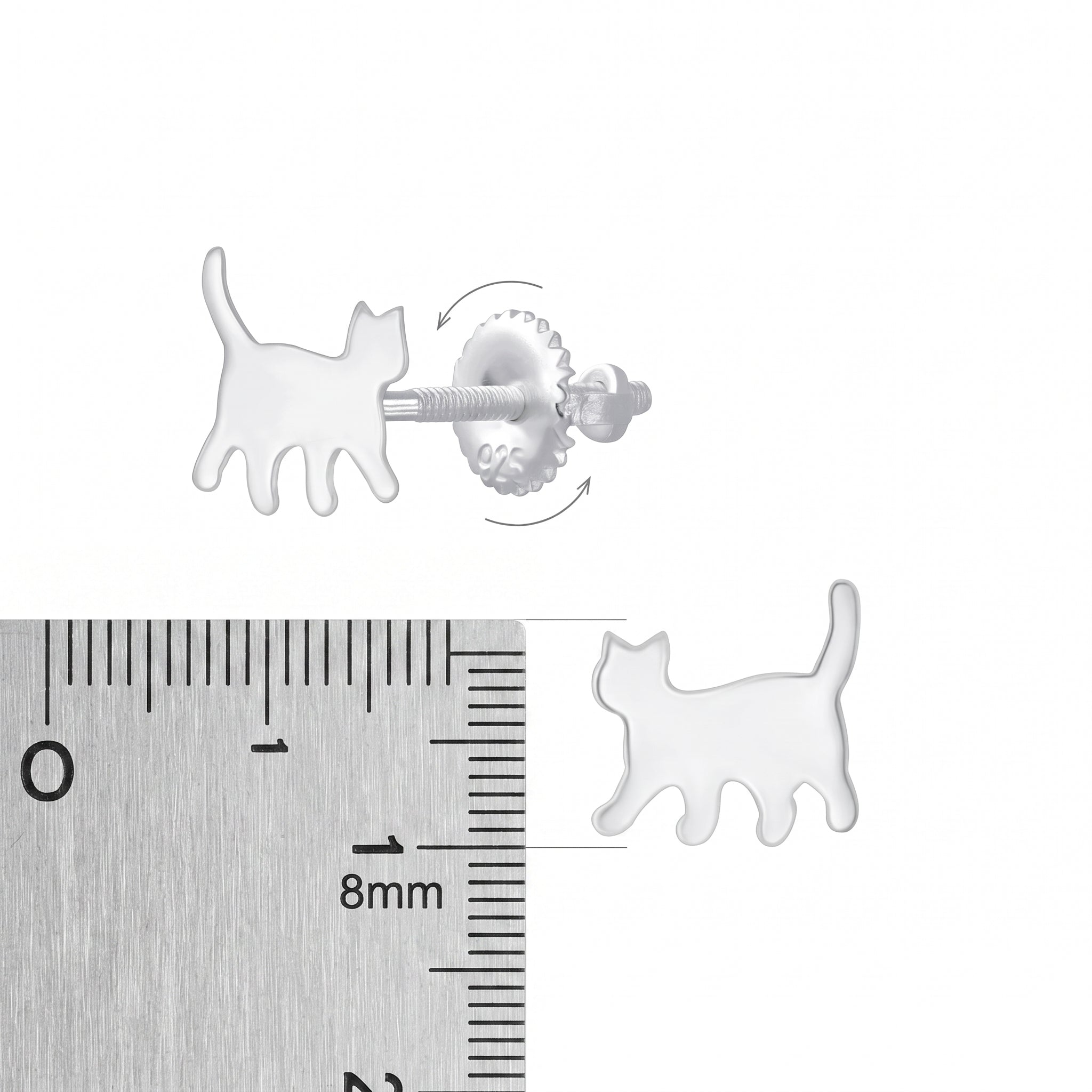 White cat-shaped with a close-up and a ruler for scale on a white background.