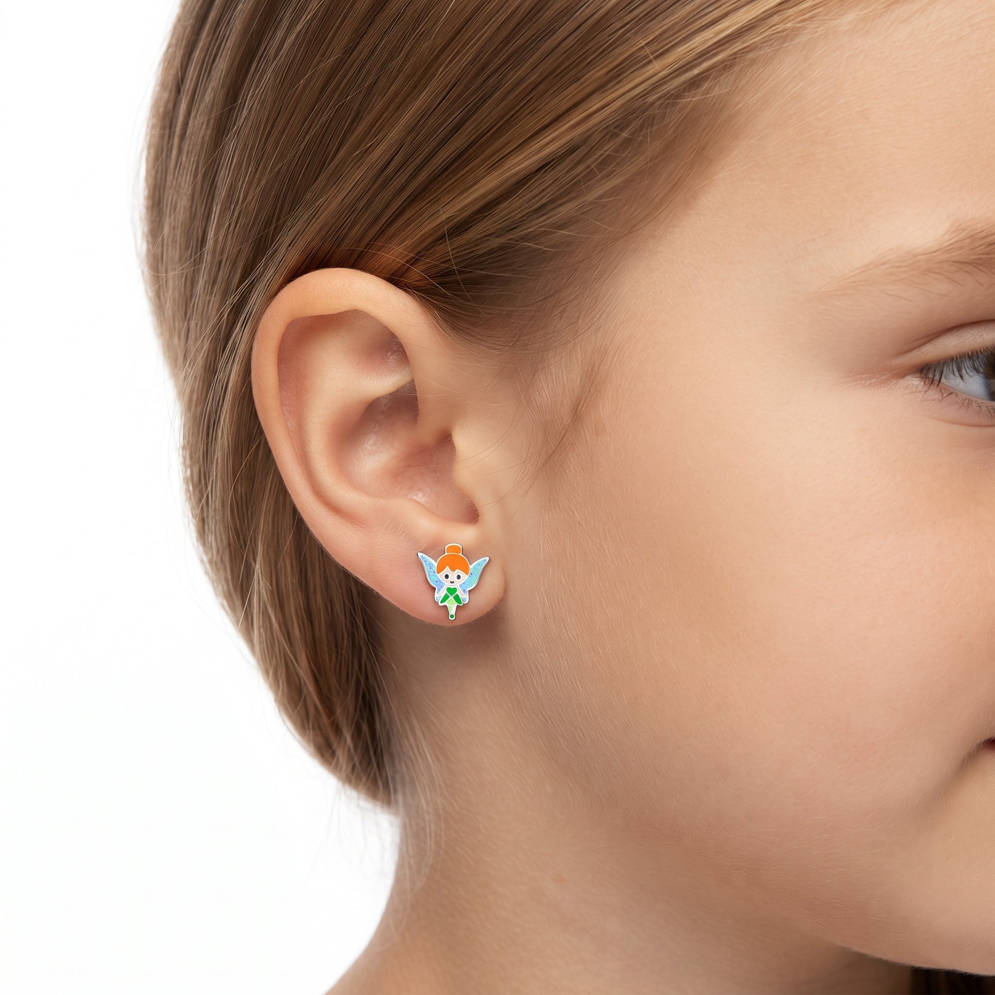 Sterling silver children's fairy stud earrings with glitter wings and colourful fairy design, screw back fitting