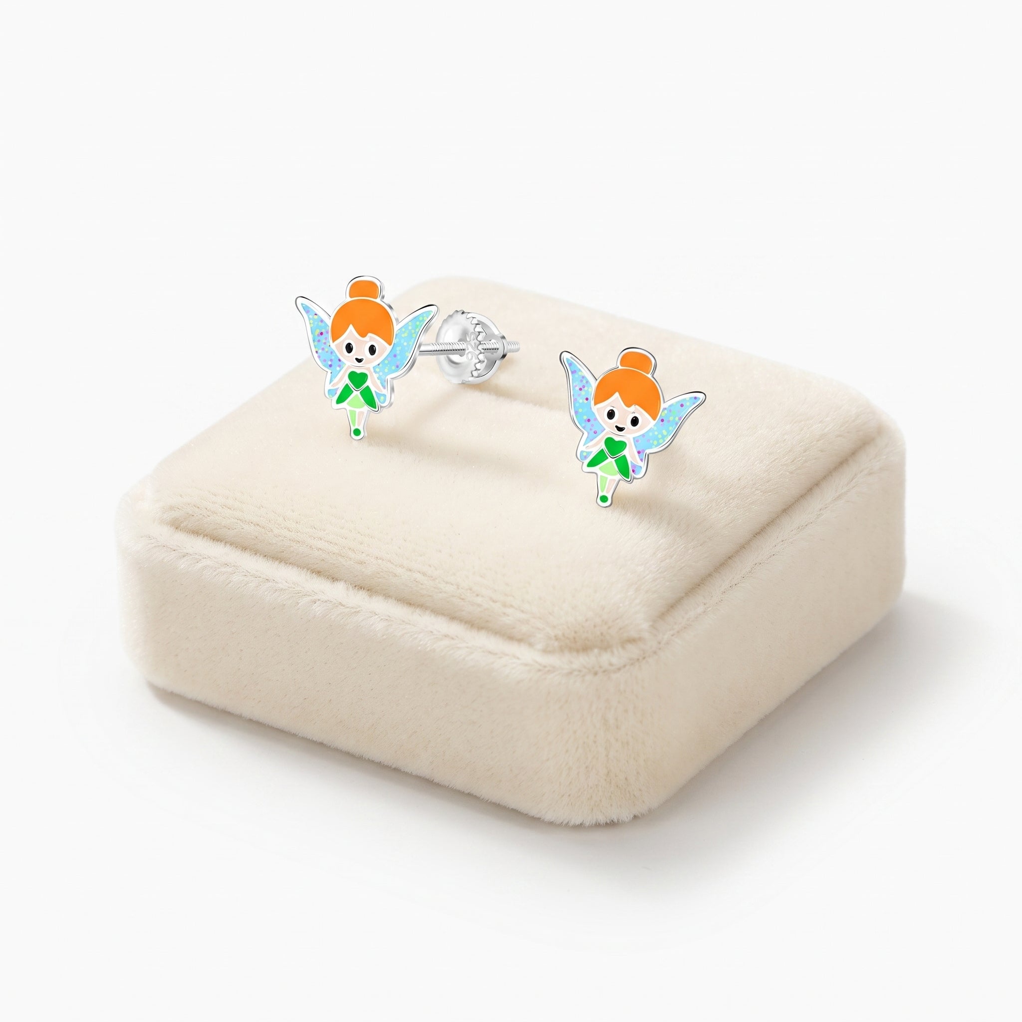 Kids 925 sterling silver glitter fairy earrings, nickel-free and hypoallergenic with screw backs