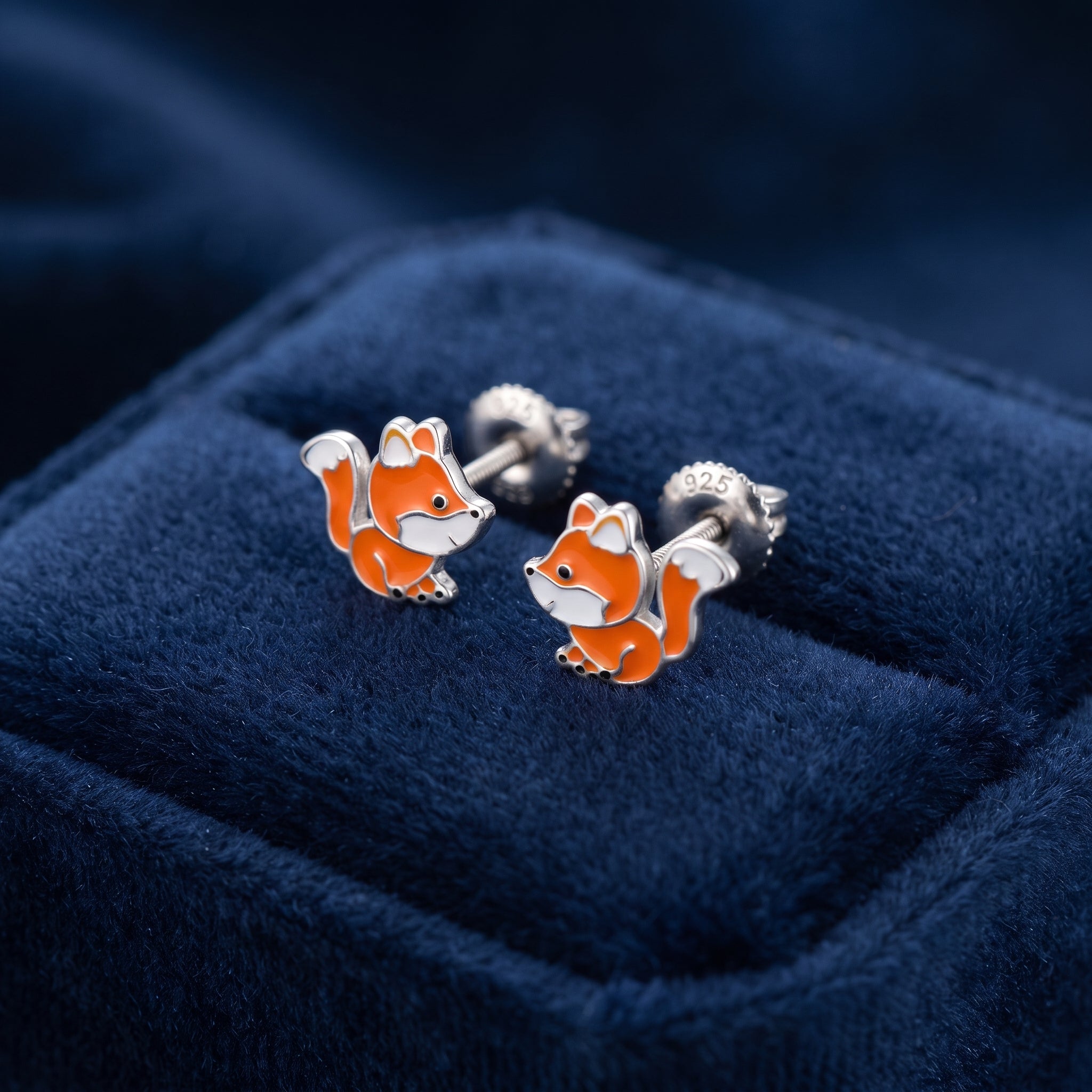 Children's 925 sterling silver fox earrings with colourful enamel detail, nickel-free and hypoallergenic