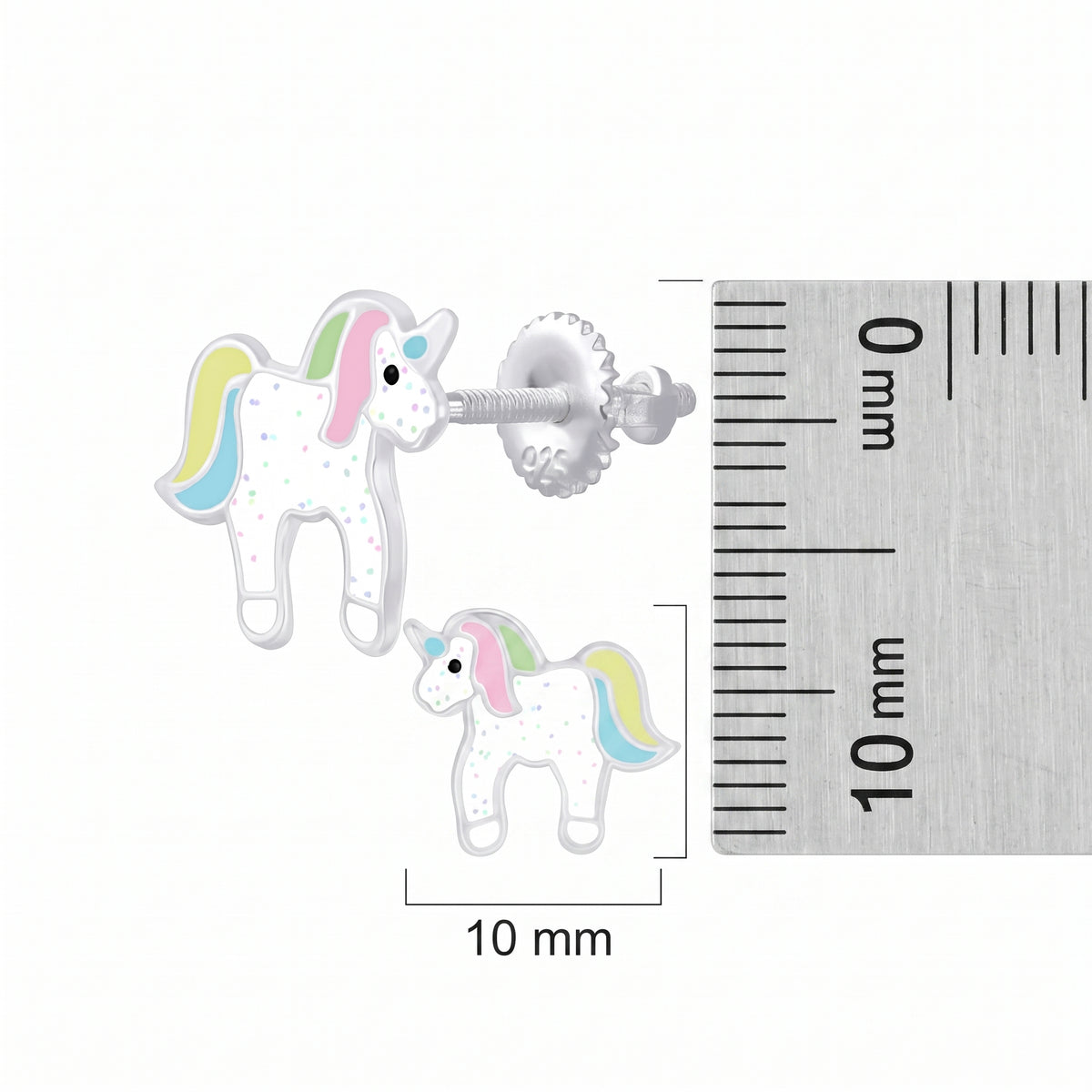 A pair of unicorn-shaped stud earrings shown next to a metal ruler for scale, with a 10 mm measurement label.