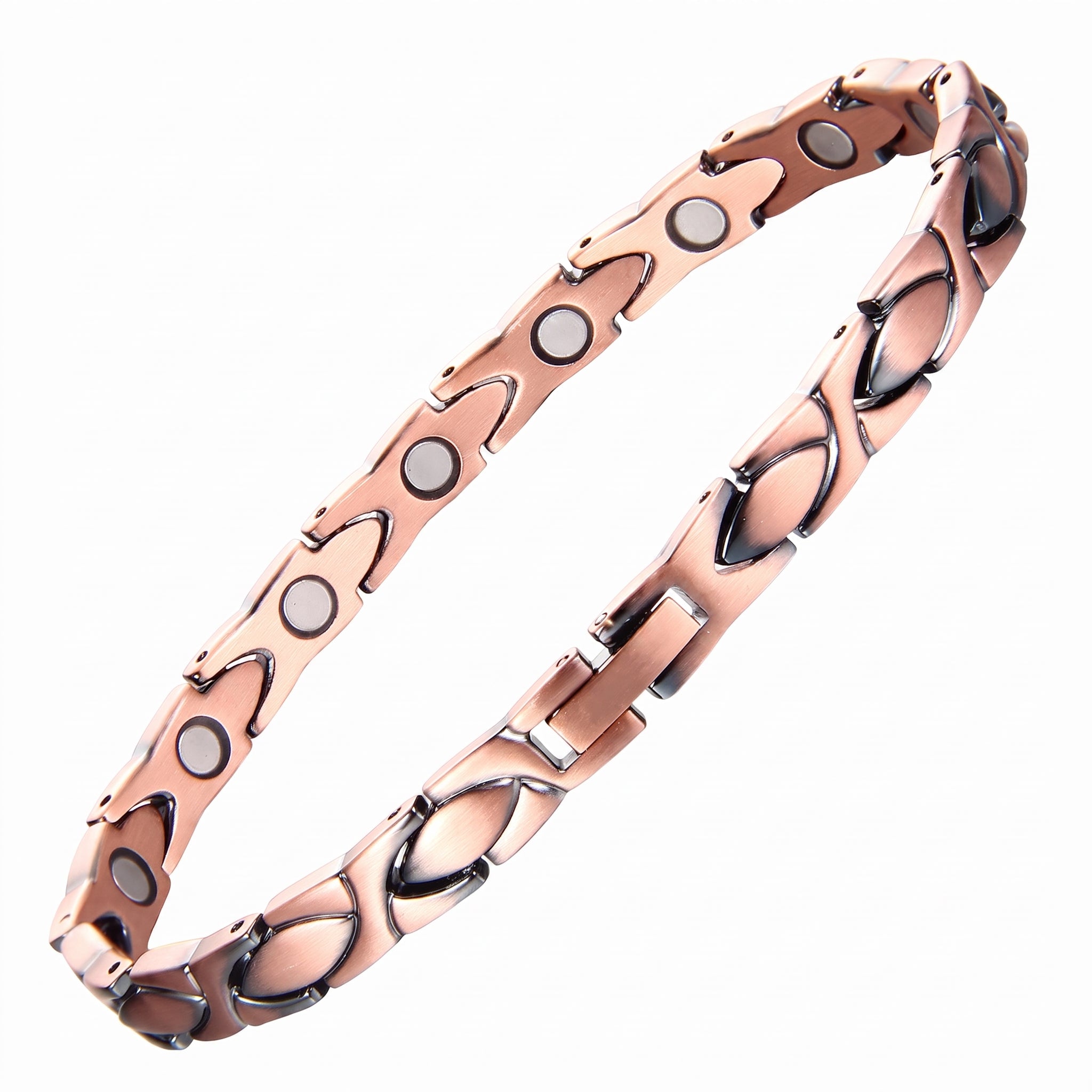 A copper magnetic therapy link bracelet with circular black magnets, shown on a plain white background.