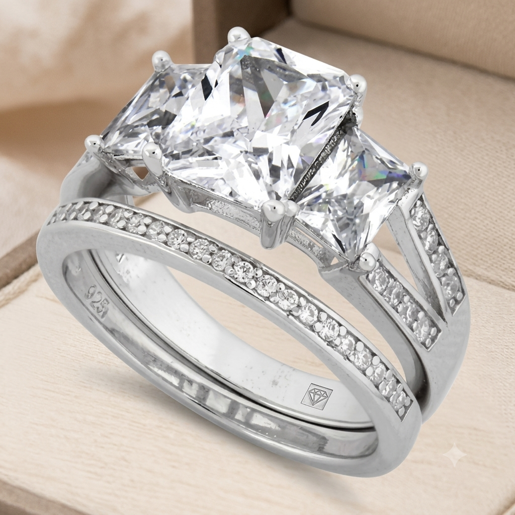 Sterling Silver 3-Stone Princess Cut Bridal Ring Set