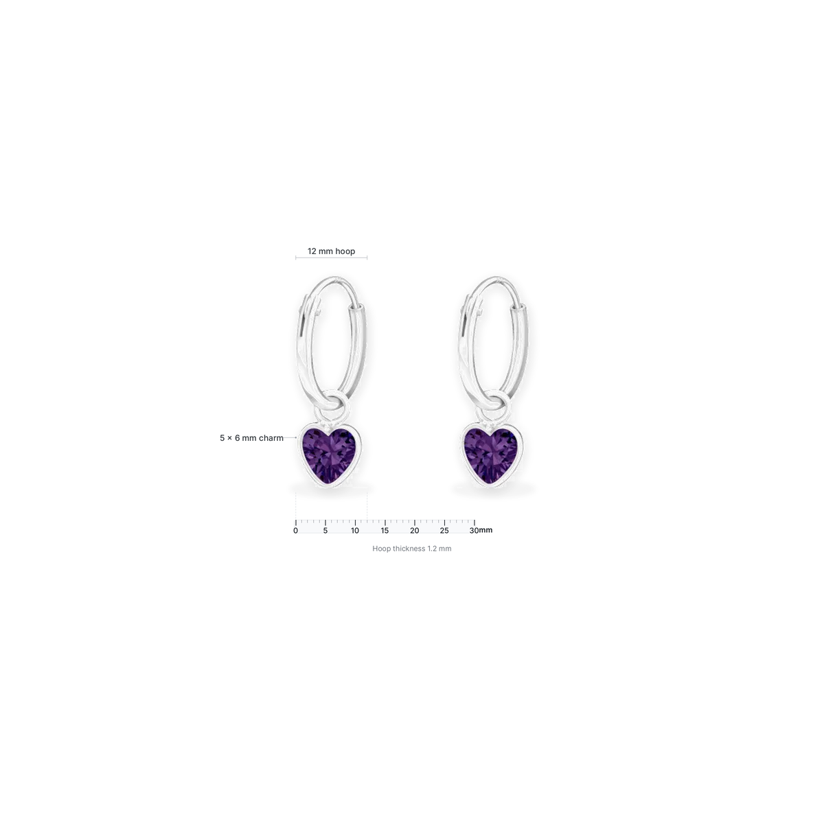 Girls amethyst heart earrings with 12mm sterling silver hinged hoops size