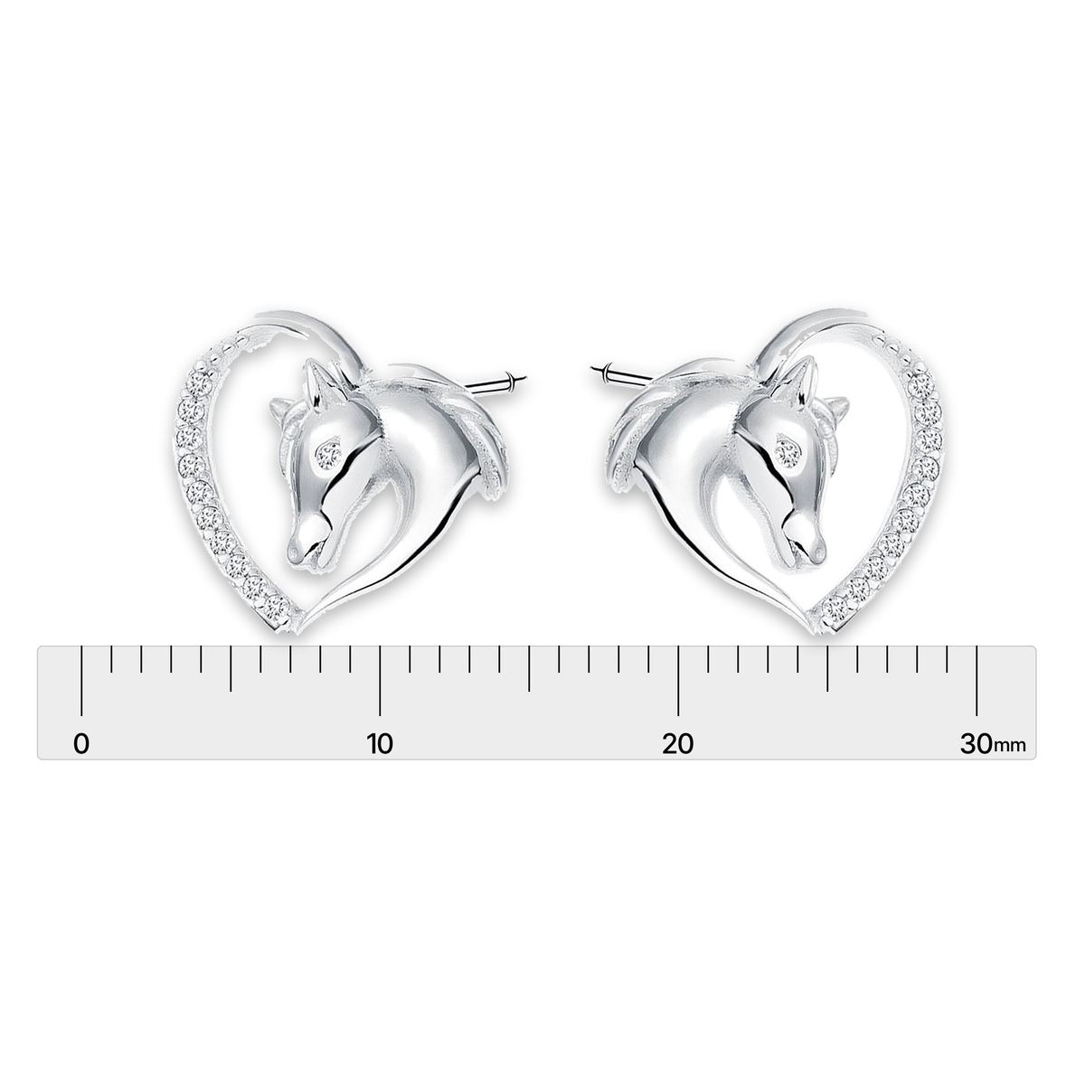 925 Sterling Silver CZ Horse Earrings with Heart Showing Size