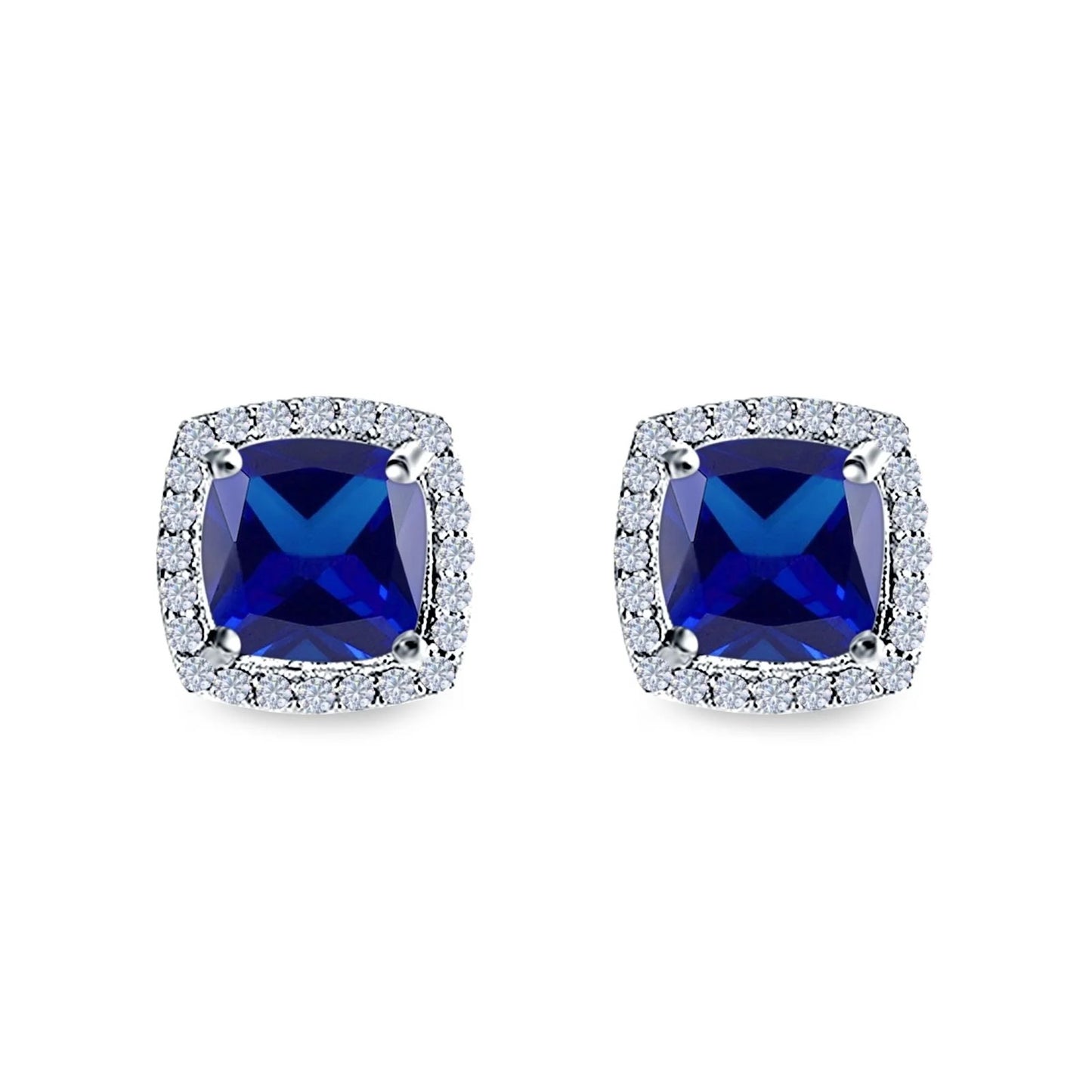 Sterling Silver Cushion Cut Blue Sapphire CZ Stud Earrings - Melchior Jewellery
