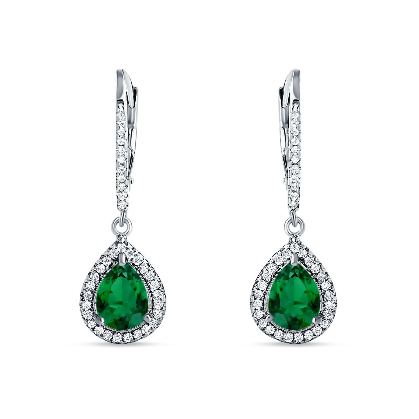 Sterling Silver Emerald Teardrop Leverback Drop Earrings