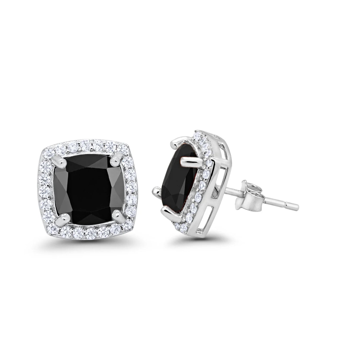 Sterling Silver Halo Bridal Black CZ Stud Earrings