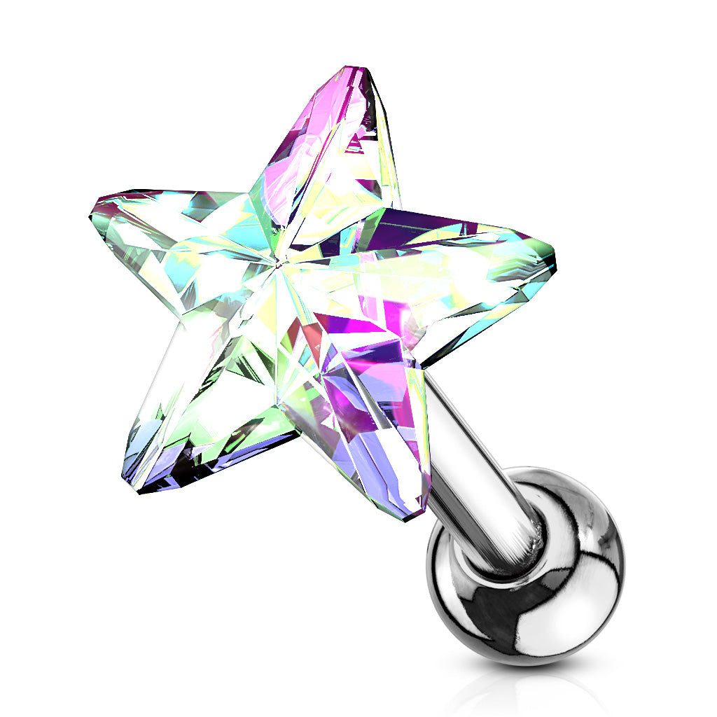Surgical Steel Cartilage Tragus Barbell Ear Stud with Crystal Star - Choose Your Colour