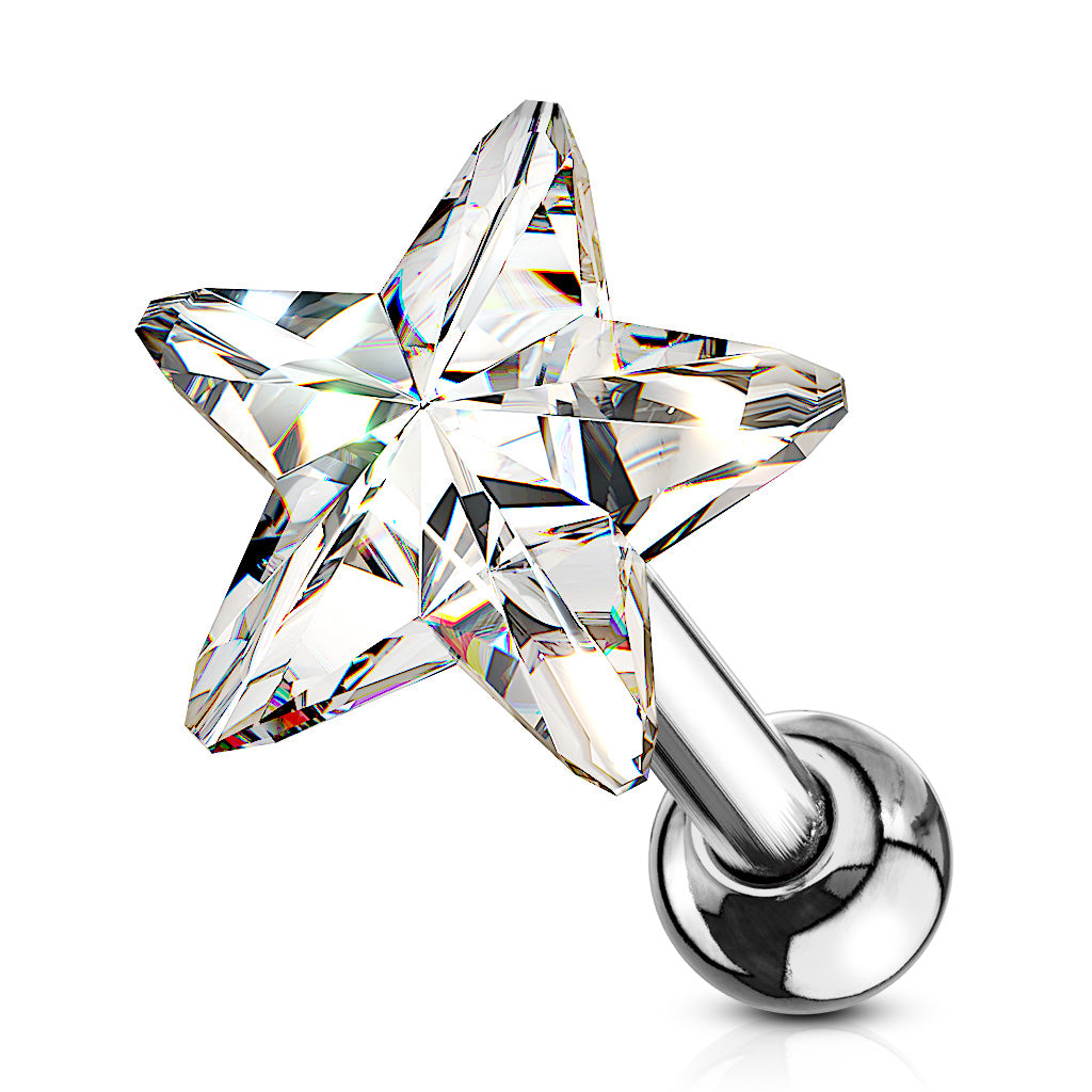 Surgical Steel Cartilage Tragus Barbell Ear Stud with Crystal Star - Choose Your Colour