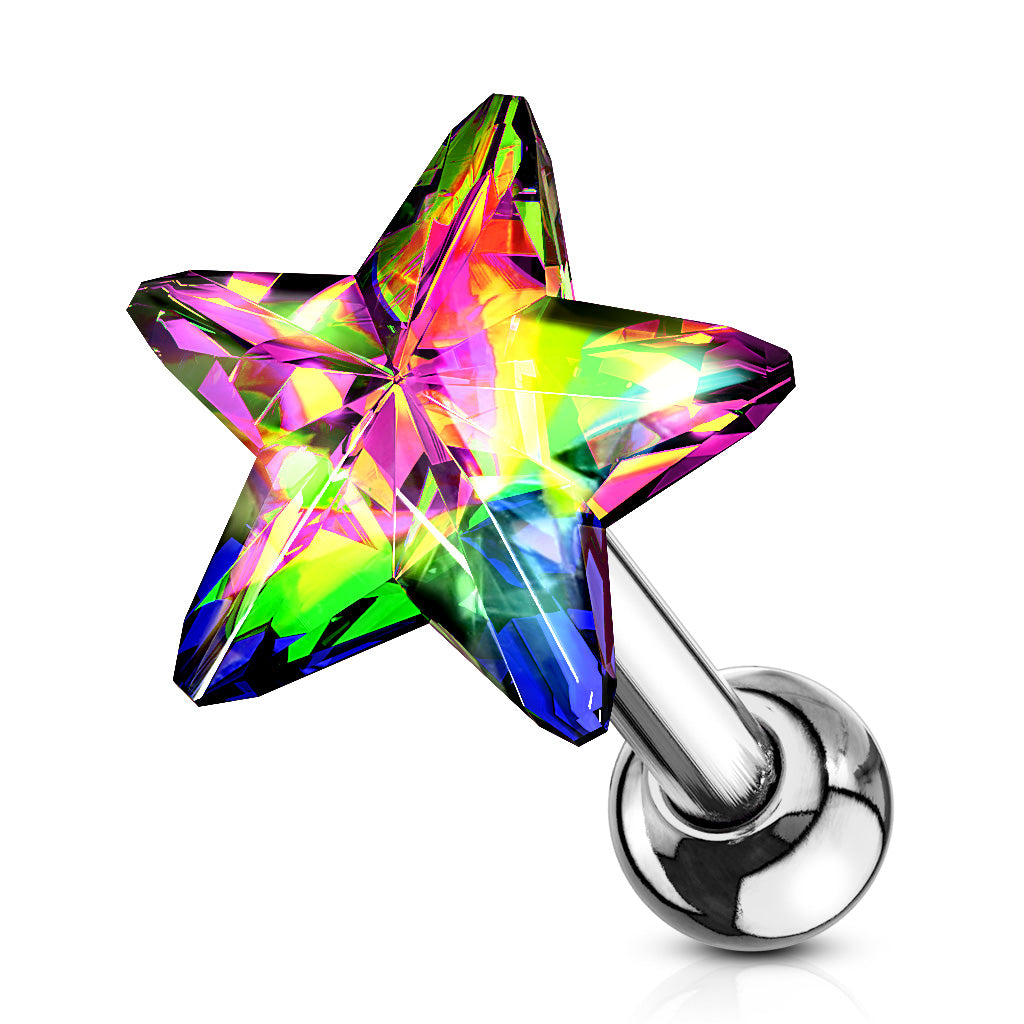 Surgical Steel Cartilage Tragus Barbell Ear Stud with Crystal Star - Choose Your Colour
