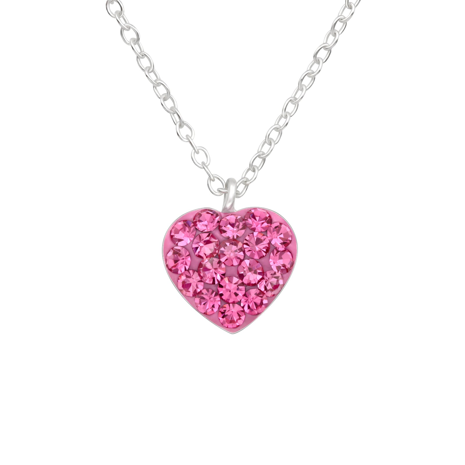 Pink heart-shaped pendant on a silver chain against a white background