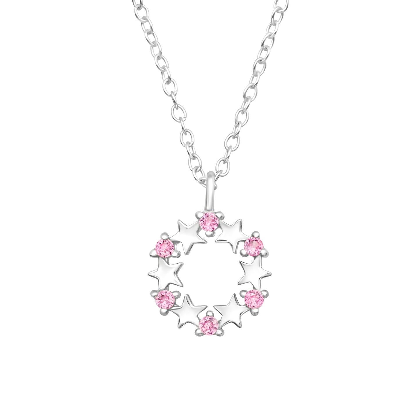 Sterling Silver Girls Jewelled Pink Stars Necklace - Melchior Jewellery