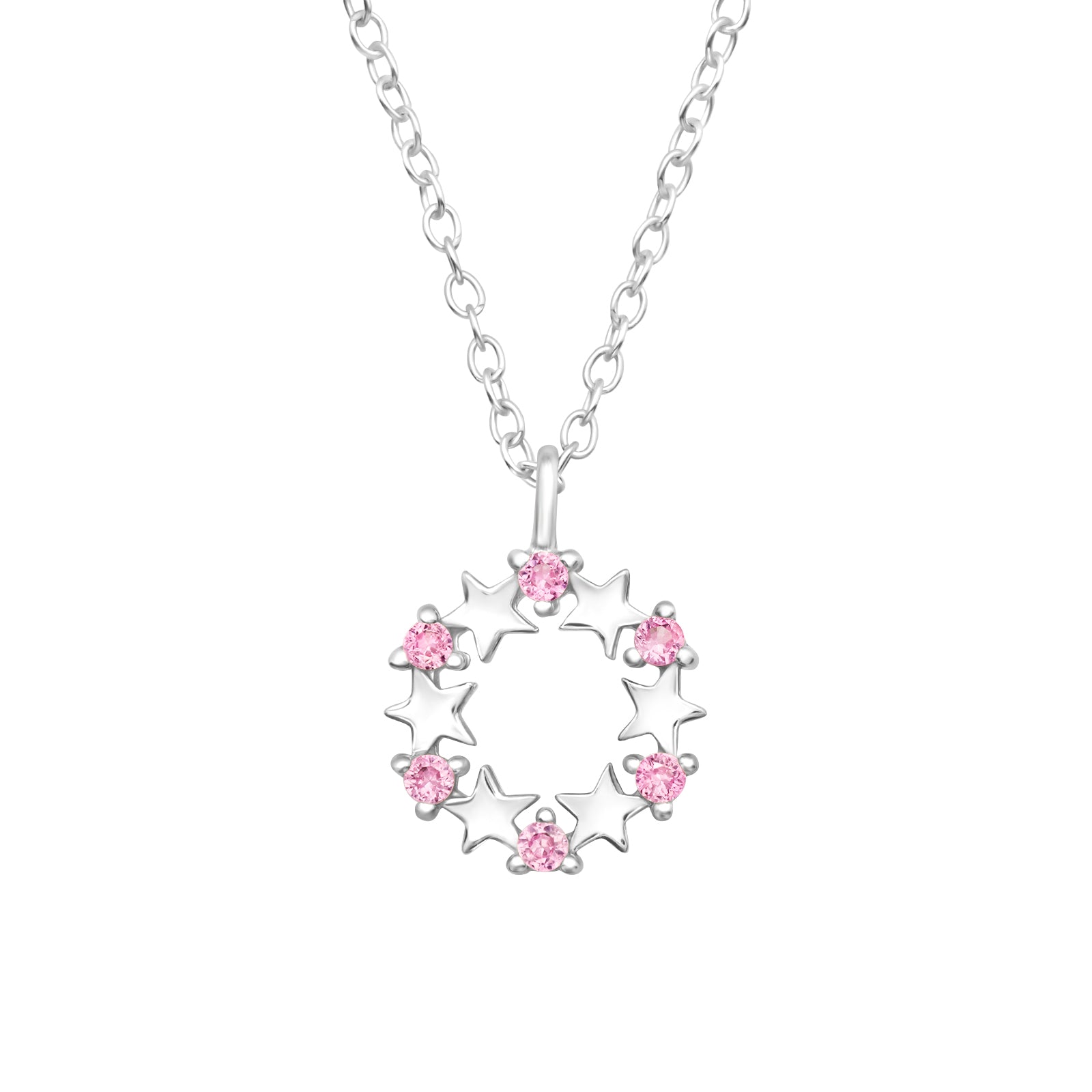 Sterling Silver Girls Jewelled Pink Stars Necklace - Melchior Jewellery