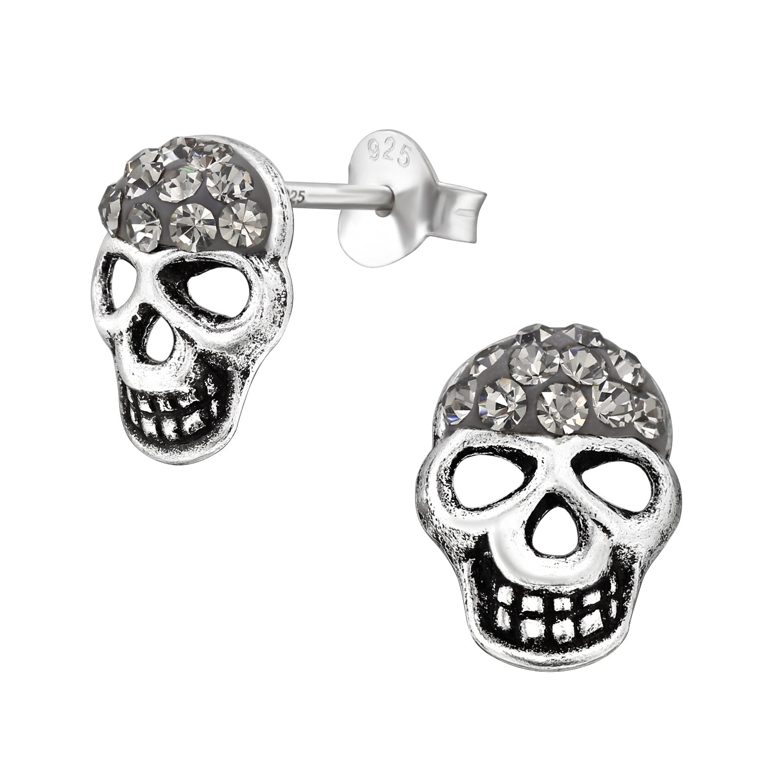 Sterling Silver Oxidized Crystal Skull Stud Earrings - Melchior Jewellery