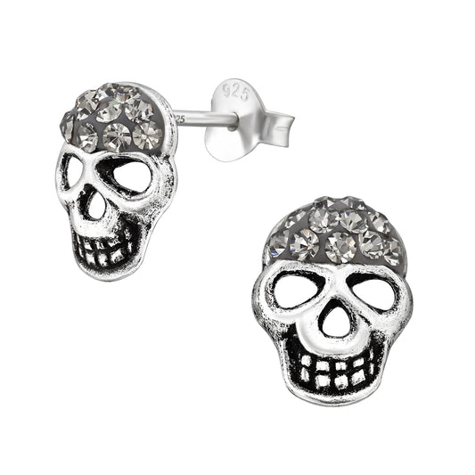Sterling Silver Oxidized Crystal Skull Stud Earrings - Melchior Jewellery