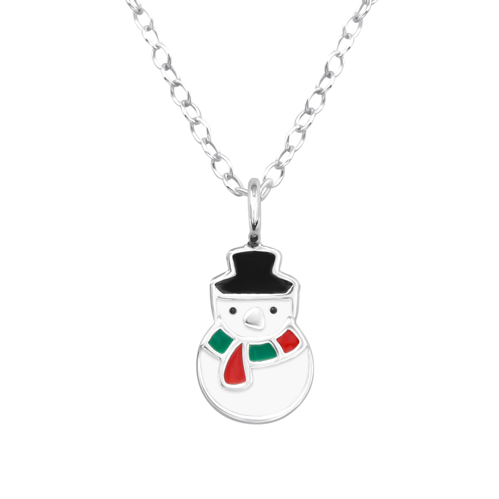 A silver snowman pendant necklace with a black top hat and a red and green striped scarf, shown on a white background.