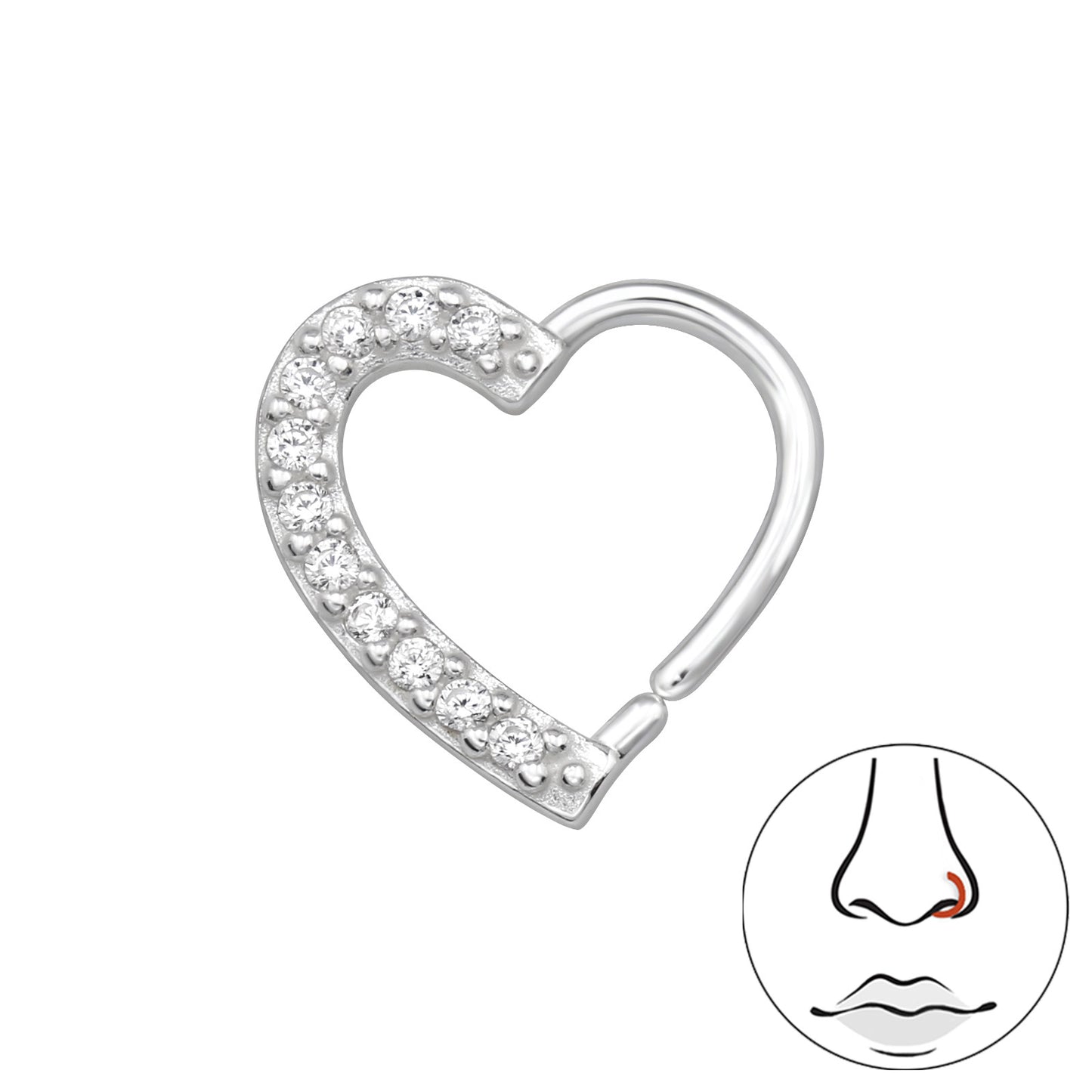 Sterling Silver 10mm CZ Heart Nose Ring Stud