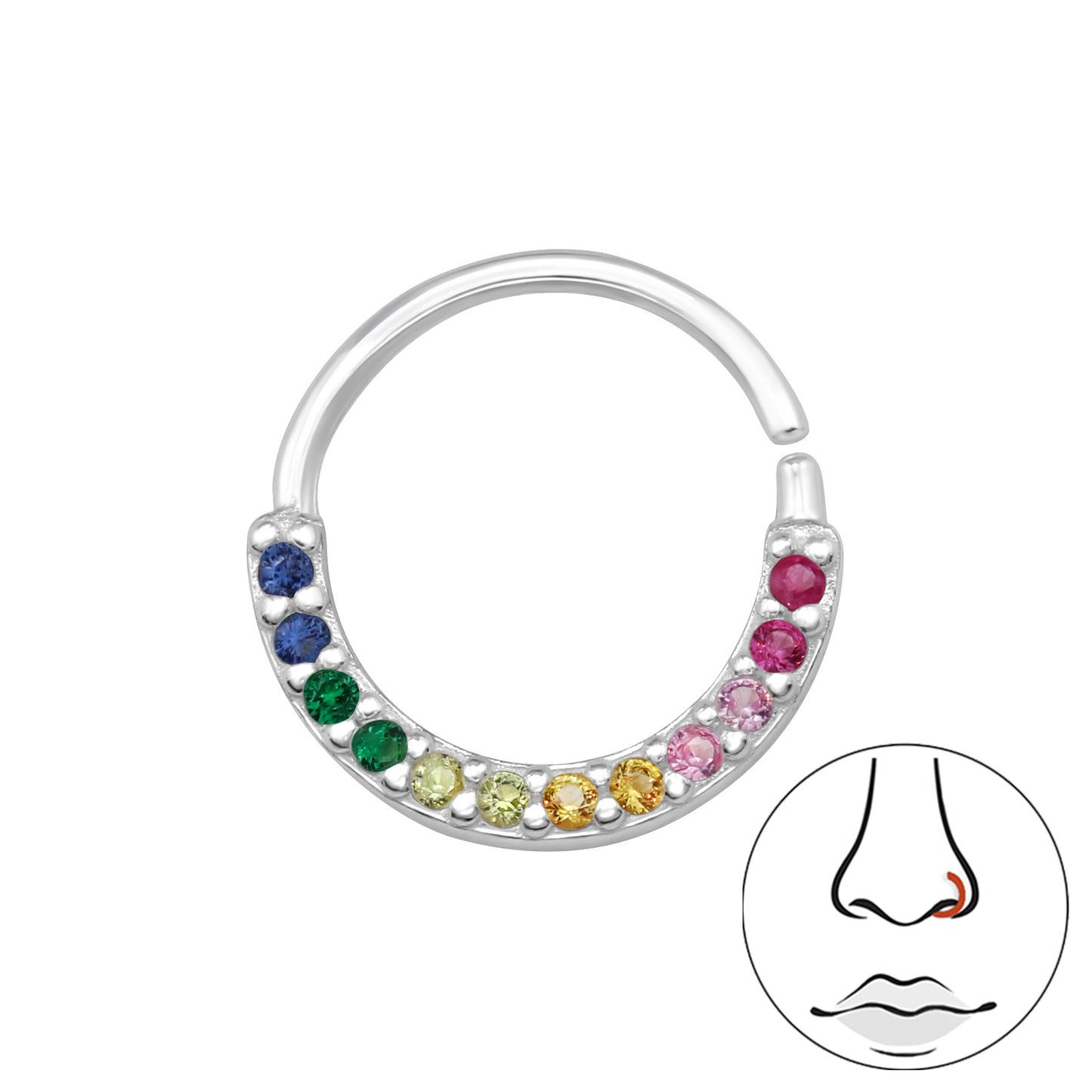 Sterling Silver 11mm Multi-coloured CZ Circle Nose Ring Stud - Melchior Jewellery