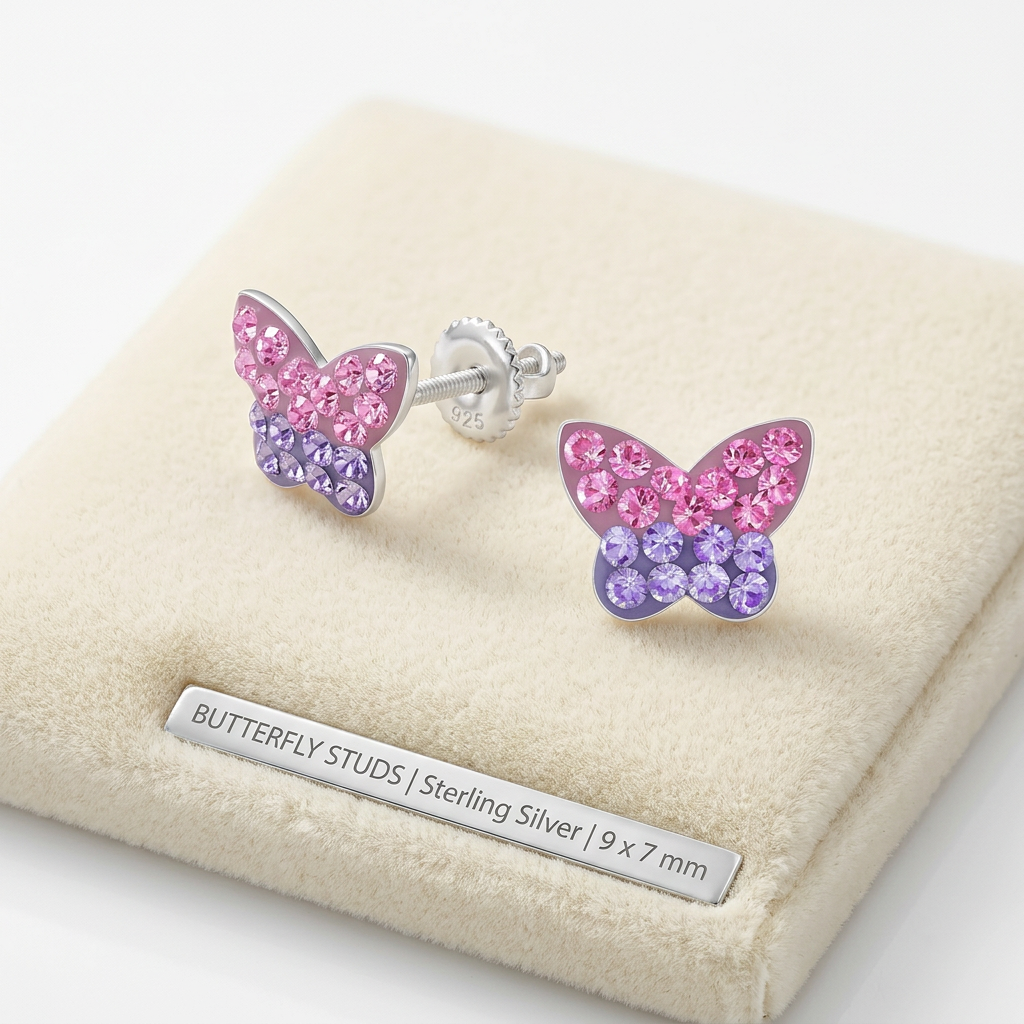 Sterling silver butterfly kids screw back earrings silver with pink and purple crystal stones