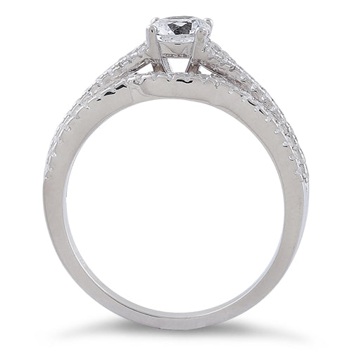 Round CZ sterling silver engagement ring with pavé shoulders