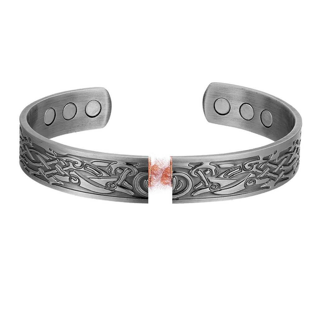 Viking Design Magnetic Bangle with a pewter finish and intricate Norse detailing, showcasing strength and magnetic therapy.