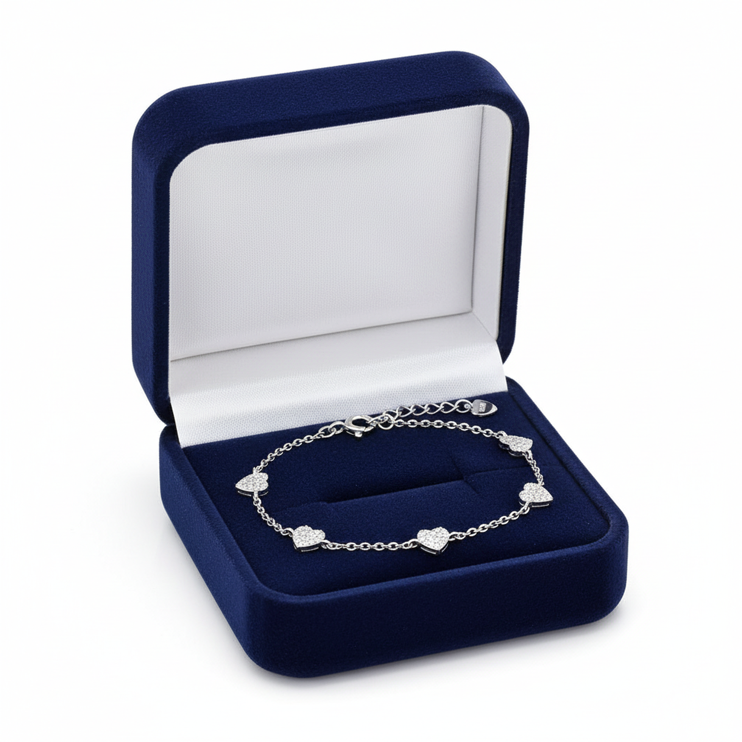 Melchior Jewellery love heart charm bracelet silver displayed in a blue velvet gift box