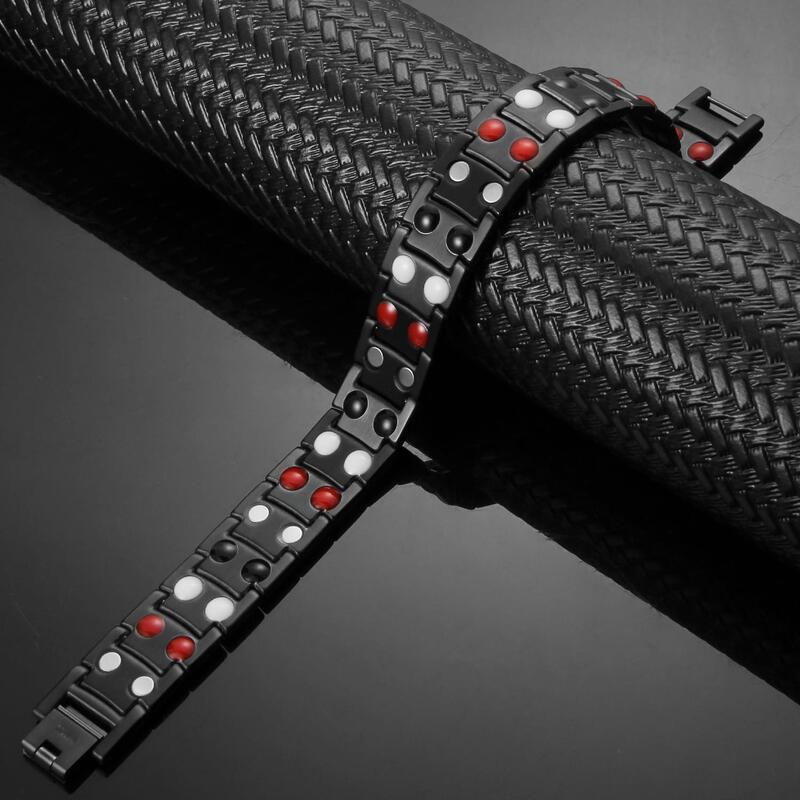 Black Double Row Titanium Magnetic Bracelet featuring red, white, and black magnetic elements in a sleek, durable design for men’s wellness jewelry.