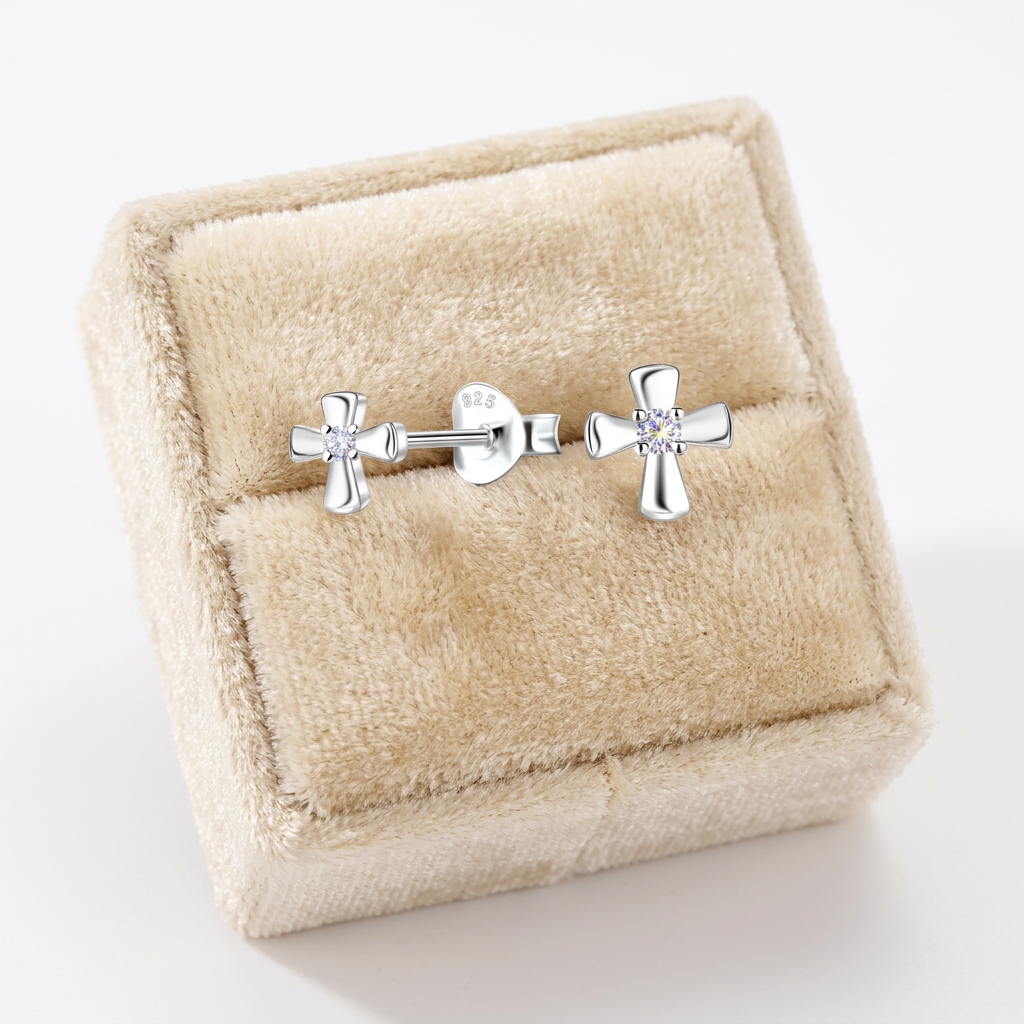 Sterling Silver Cross Stud Earrings With CZ Sparkle - Melchior Jewellery