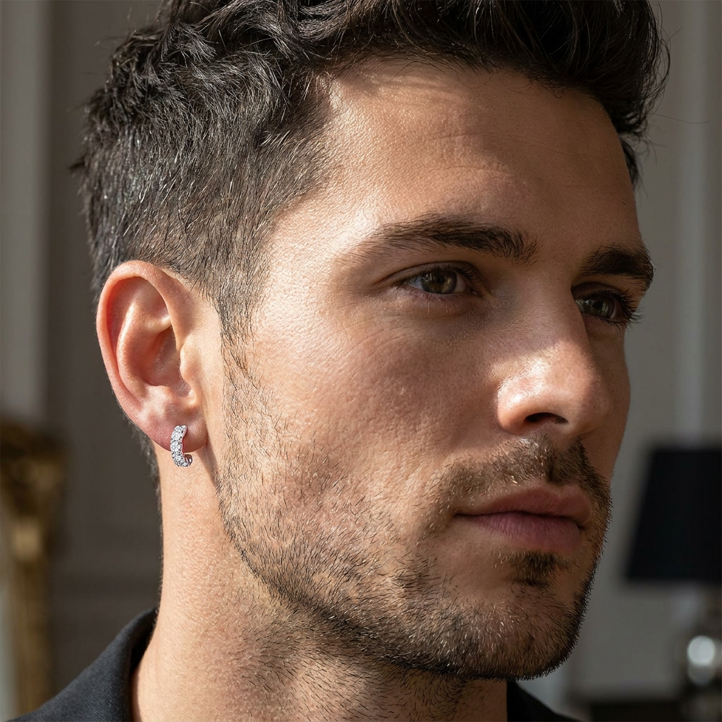Sterling silver CZ half hoop single stud earring worn on man's ear by Melchior Jewellery