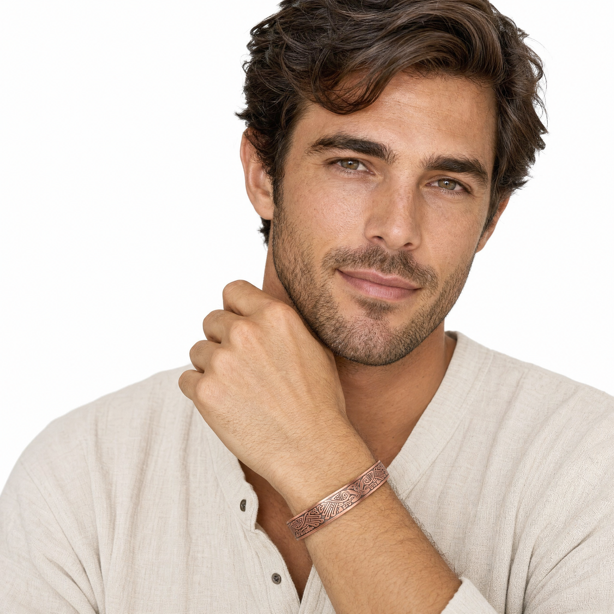 man wearing Celtic Knotwork Copper Magnetic Bangle