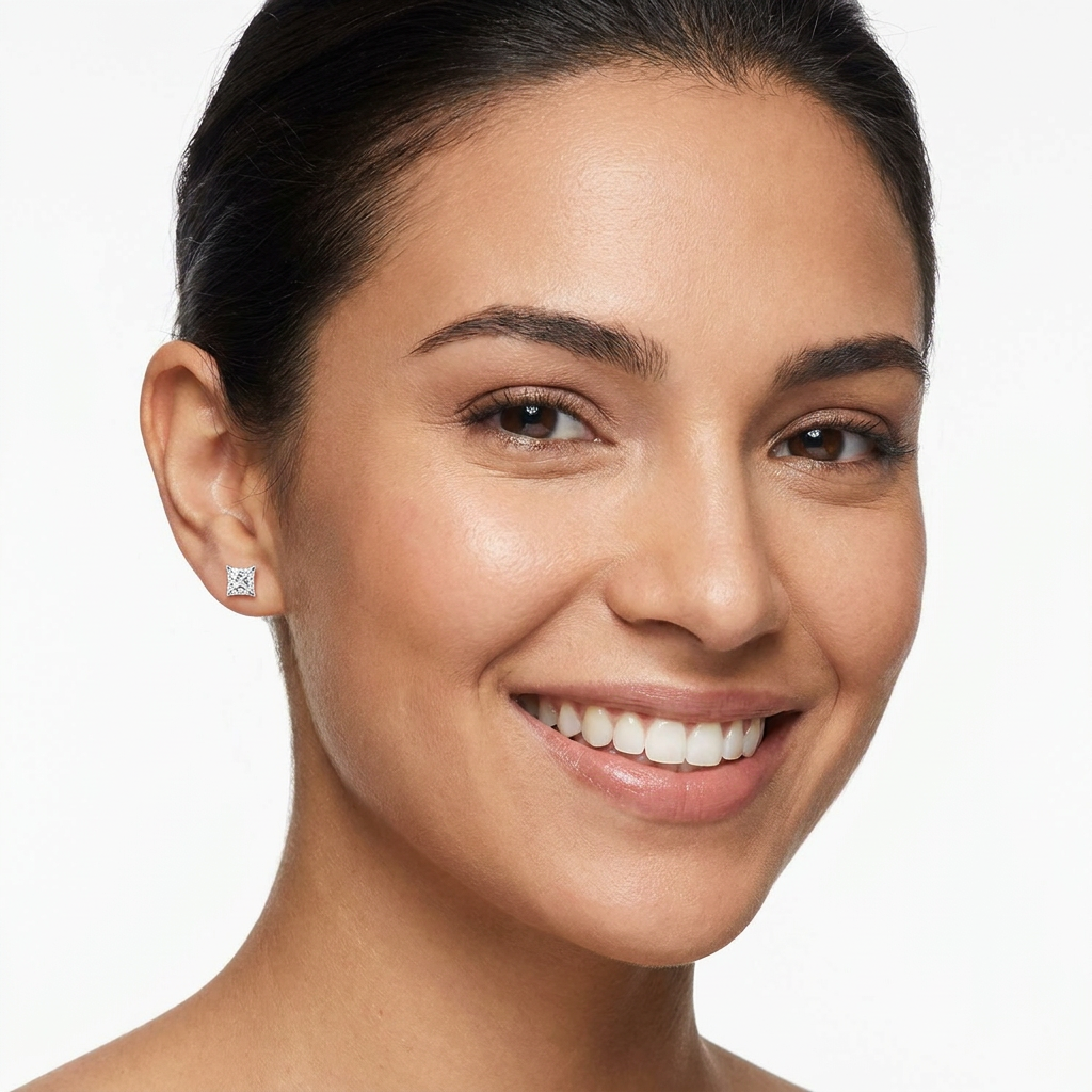 A close-up portrait of a smiling woman with dark hair pulled back, wearing a small square stud earring on her left ear against a clean light gray background.