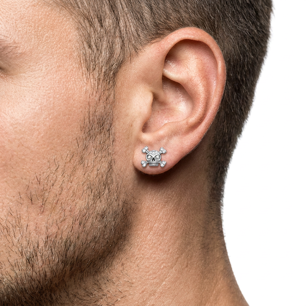 A close-up of a man's ear wearing a small silver skull stud earring against a plain white background.