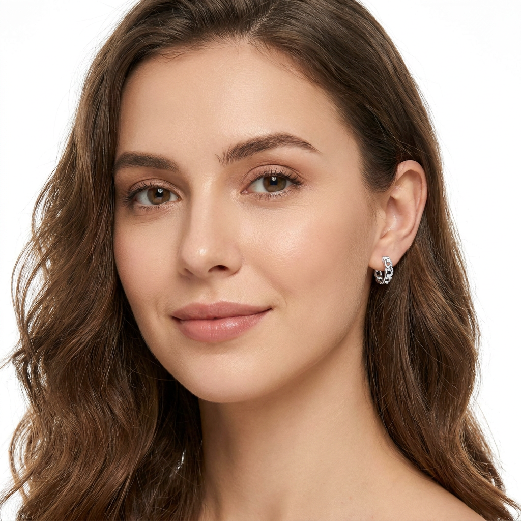 A close-up portrait of a woman with long brown hair wearing a small silver hoop earring with clear gemstones on a plain white background.