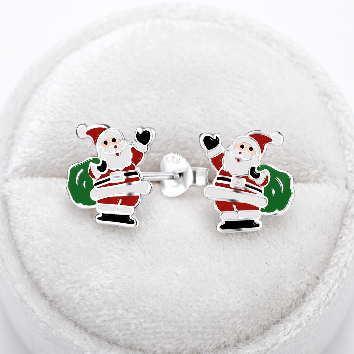 Girls Sterling Silver Santa Christmas Stud Earrings On Jewelry Cushion