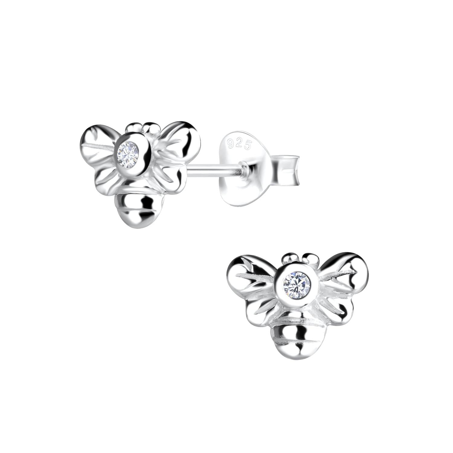Girls Silver CZ Bee Stud Earrings in sterling silver with cubic zirconia stones for children