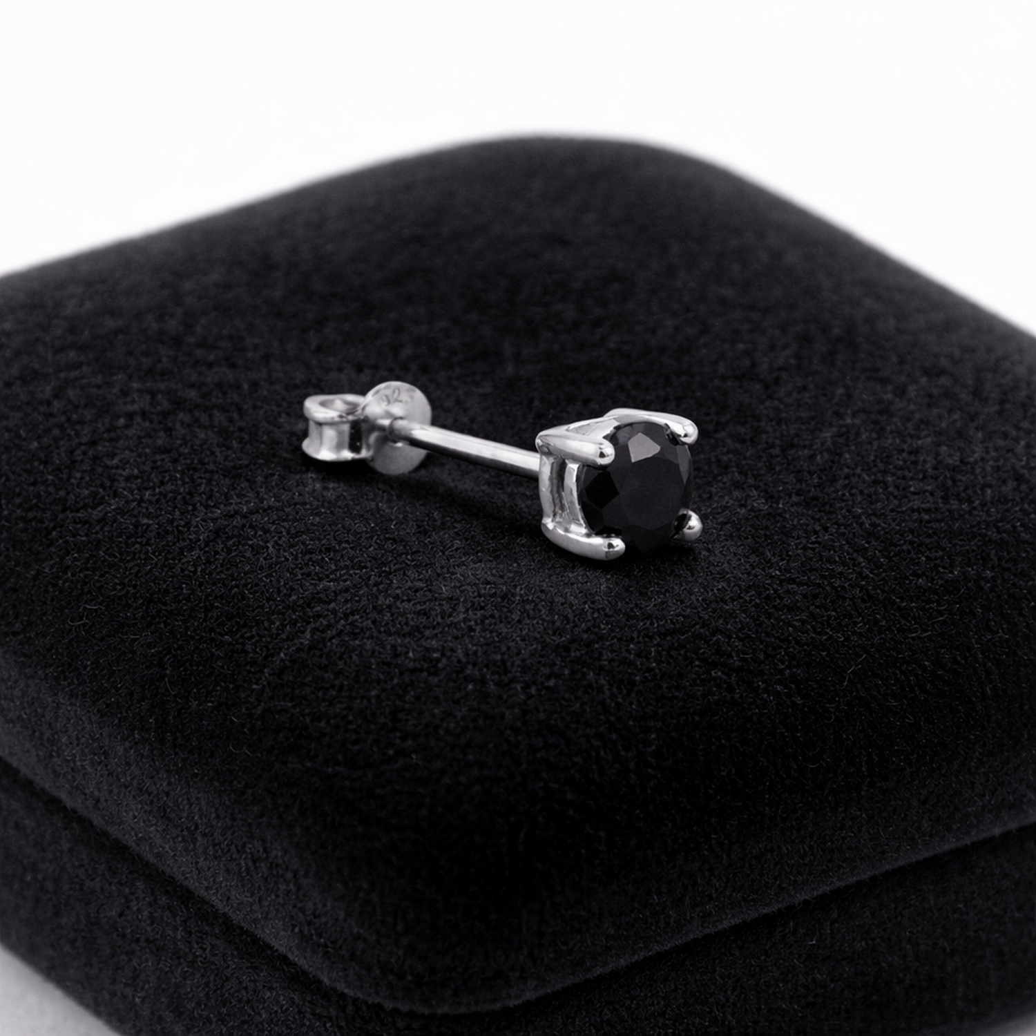Melchior Jewellery mens sterling silver black stud earring with black gemstone on black velvet box