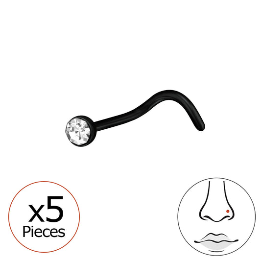 Black titanium nose stud with crystal by Melchior Jewellery shown with 5 pieces and nose placement