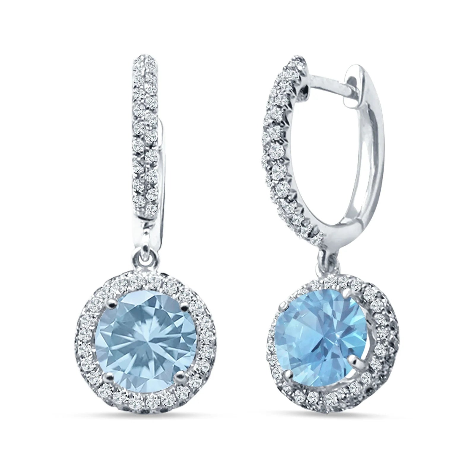 Silver Aquamarine Halo Huggie Drop Earrings with light blue gemstones and sparkling clear crystals by Melchior Jewellery