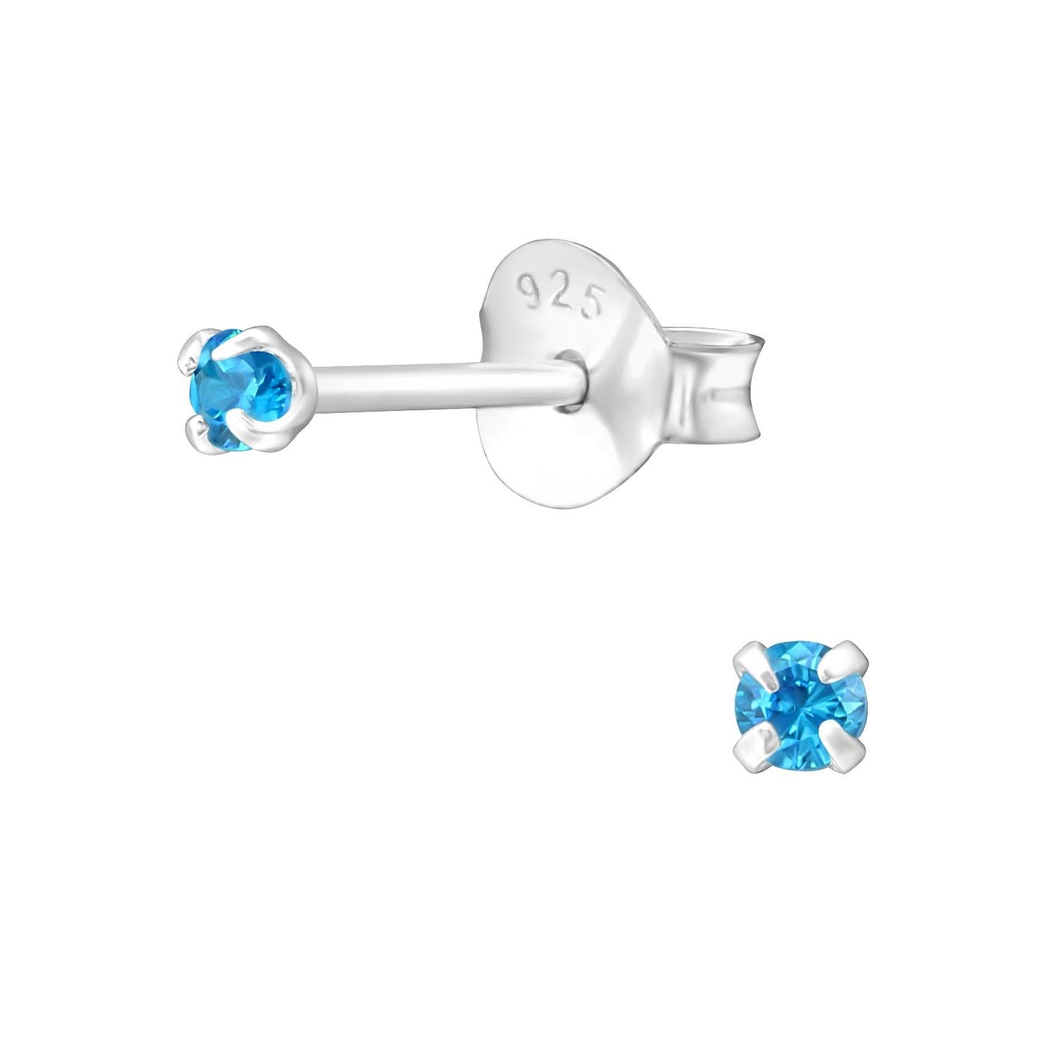 Melchior Jewellery childrens 2mm claw set round earrings sterling silver 925 with small blue cubic zirconia studs