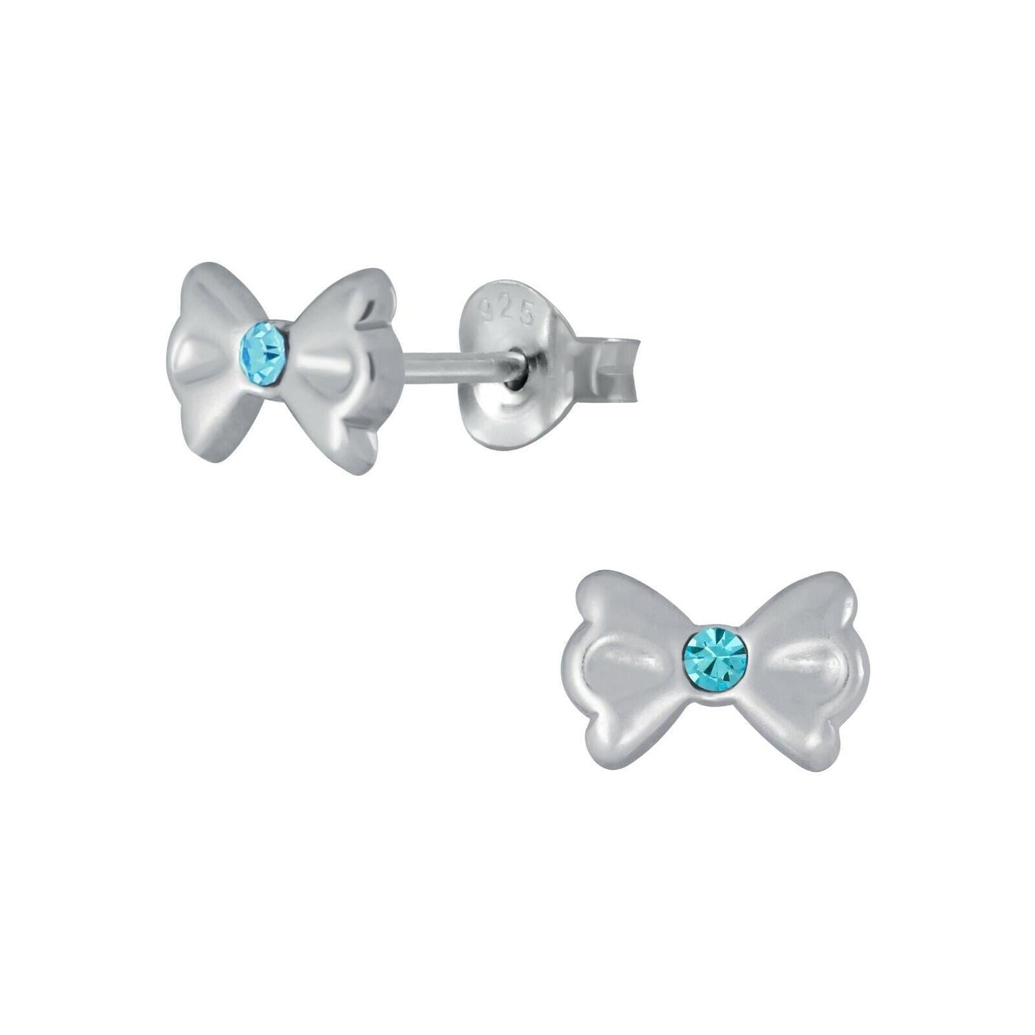 Melchior Jewellery silver cz bow earrings for girls with blue cubic zirconia centre stones