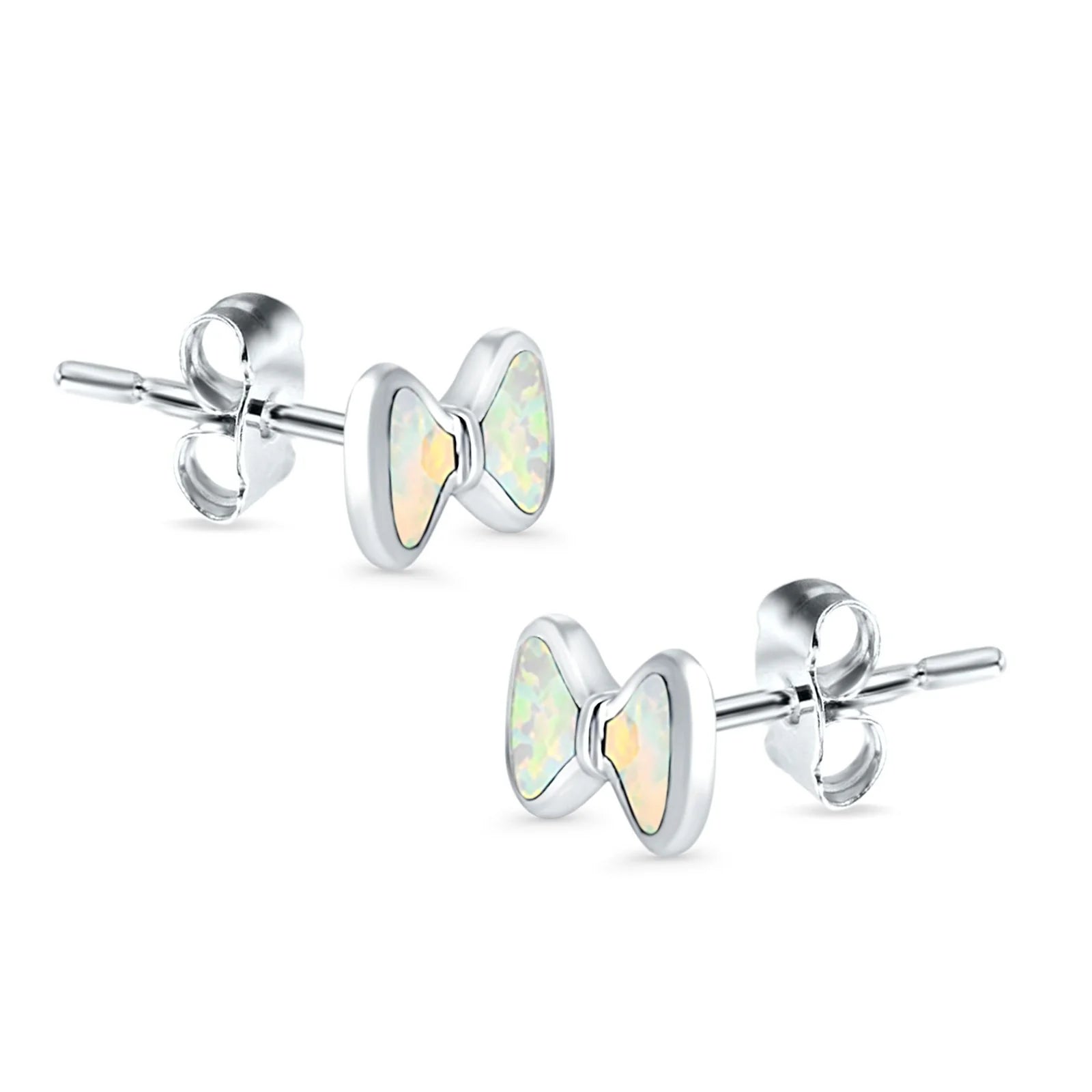 Melchior Jewellery Opal Bow Stud Earrings with iridescent white opal stones set in polished silver metal