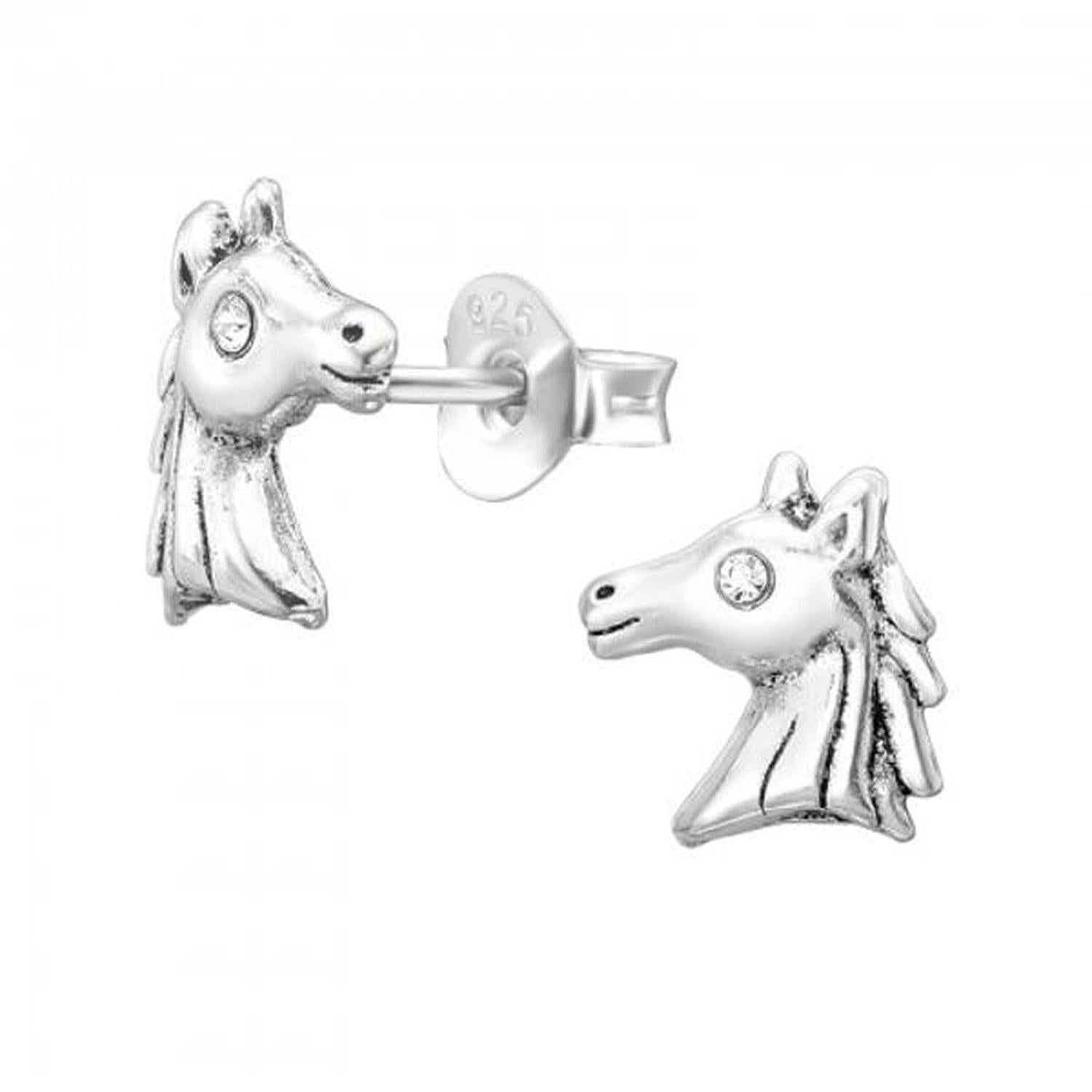 Childrens Silver Unicorn Stud Earrings by Melchior Jewellery featuring shiny silver unicorn heads with sparkling eye detail