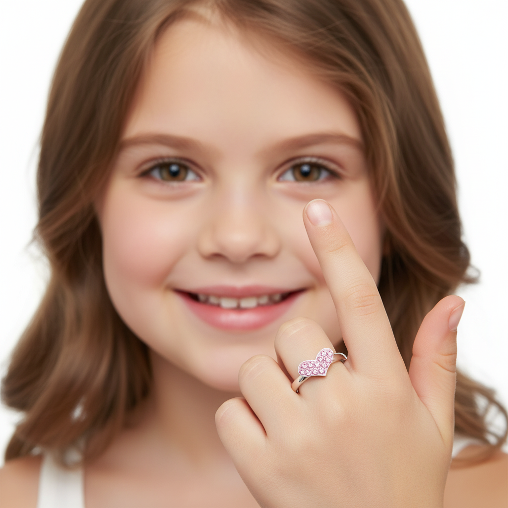 Melchior Jewellery girls pink crystal heart ring worn by smiling young girl with brown hair