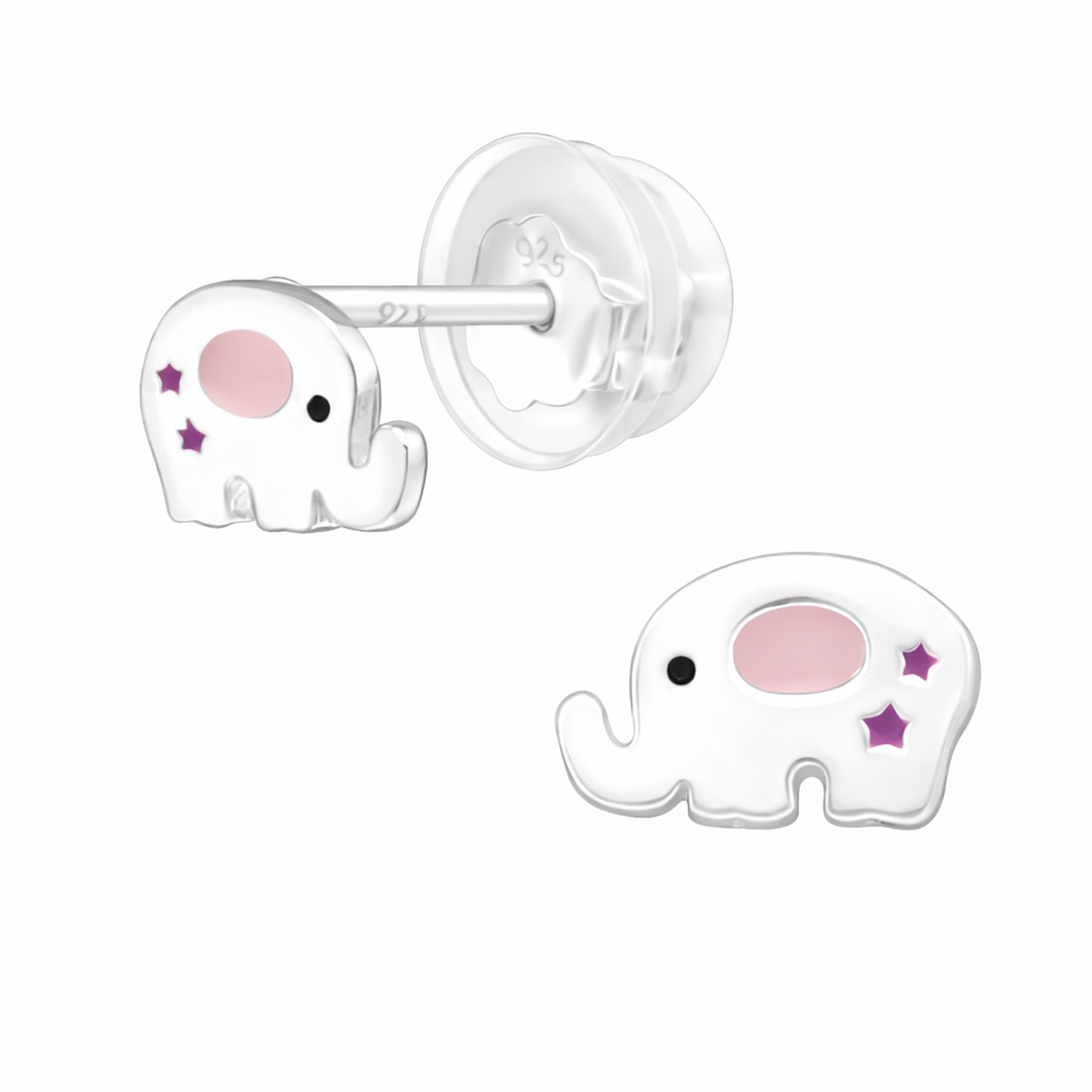 Melchior Jewellery kids elephant earrings in silver with pink and purple star details for children