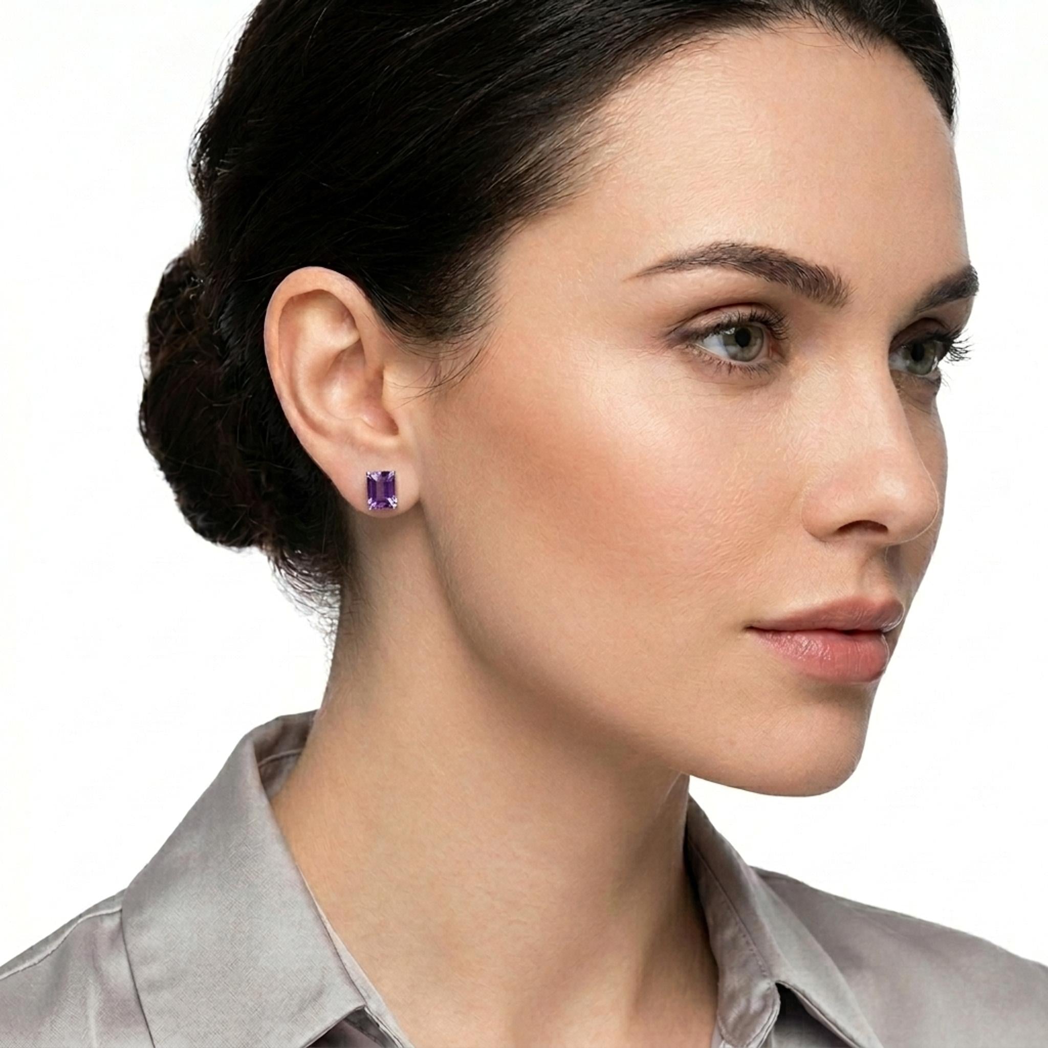 Melchior Jewellery Mother of Pearl Stud Earrings in soft lavender with rectangular shape on model