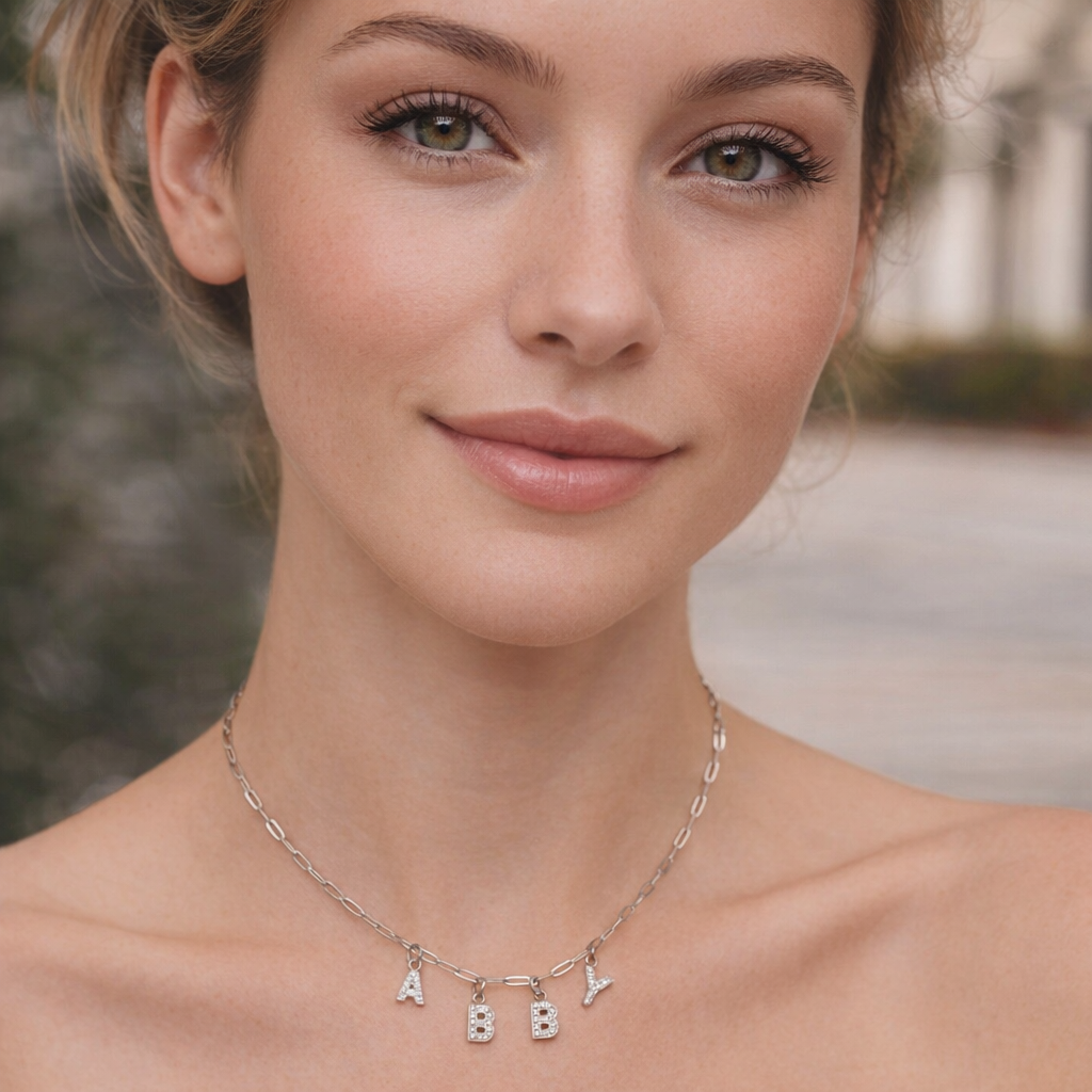 Melchior Jewellery silver Alphabet Charm necklace with A B D letters worn by woman