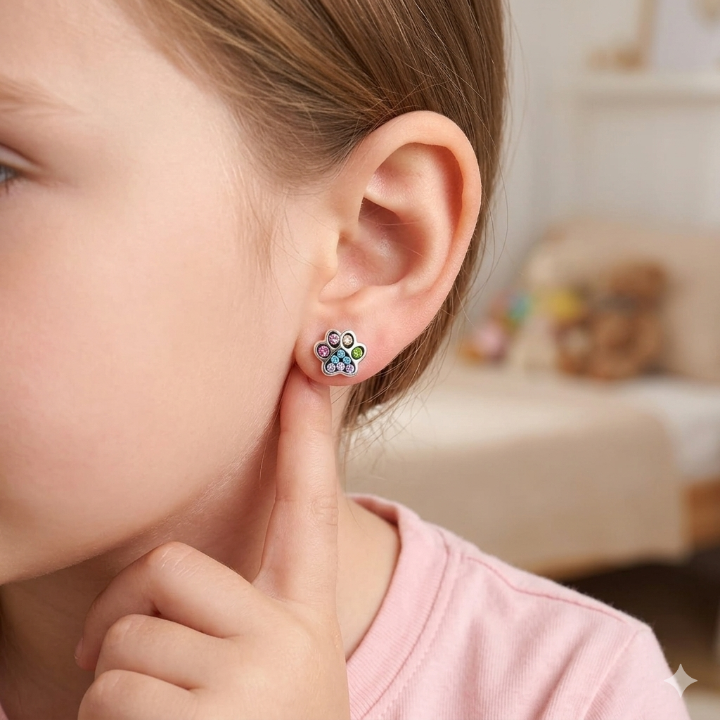 Silver paw print earrings for girls with colourful gemstone accents worn by a young girl in a pink top