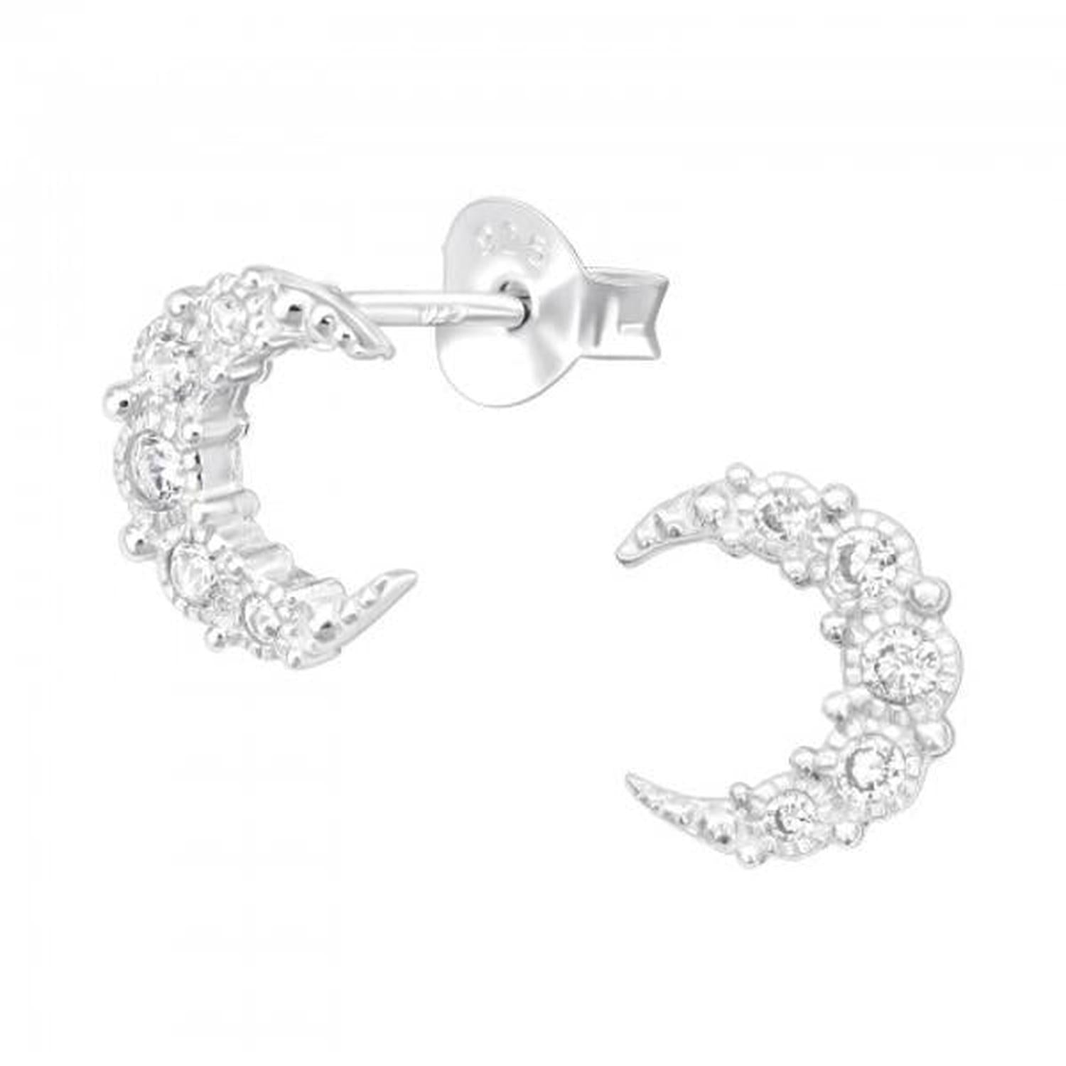 Melchior Jewellery sterling silver moon stud earrings with sparkling clear crystals in crescent shape